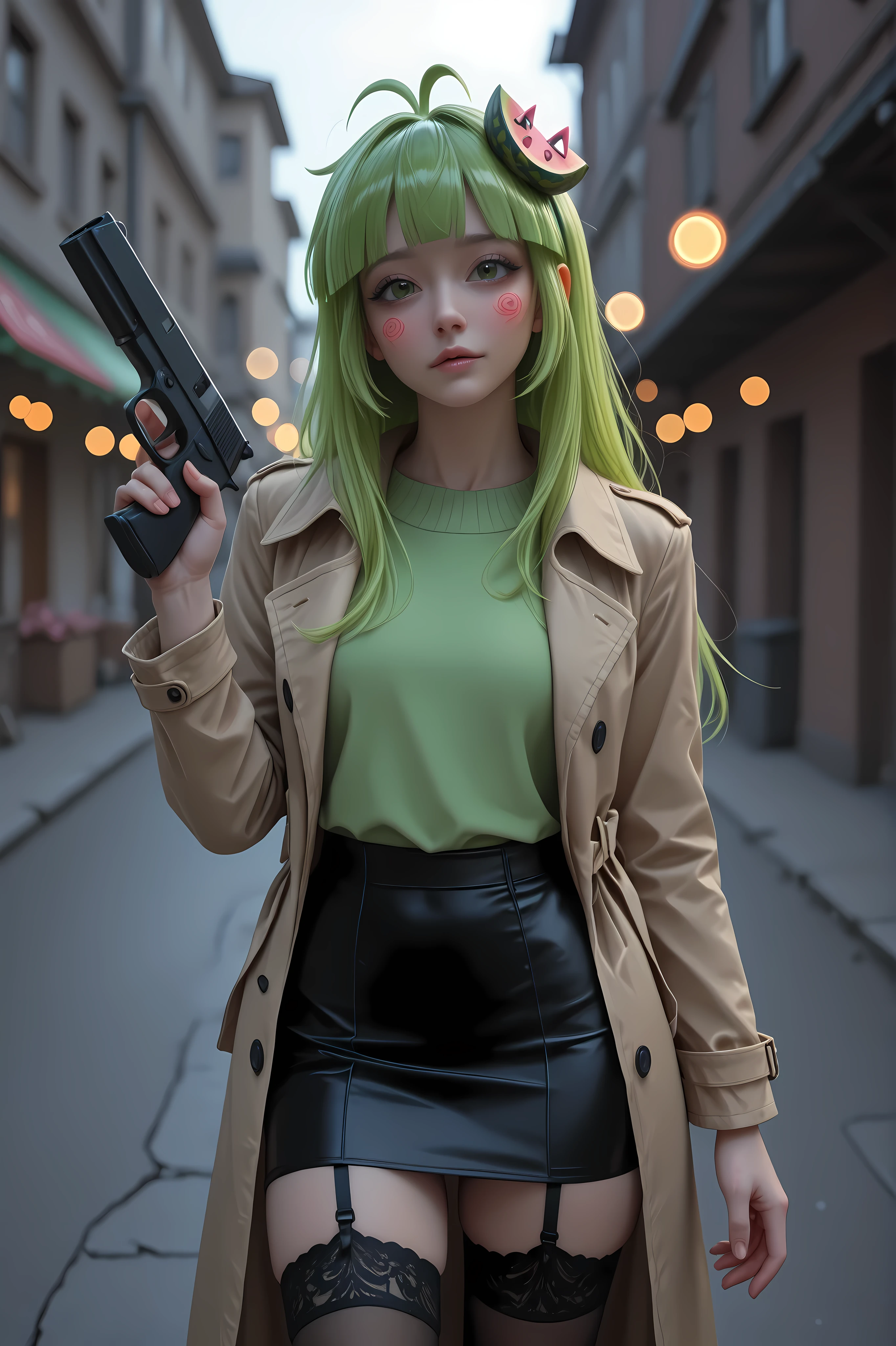 Vannamelon, trench coat、melon hairpin, black skirt, pencil skirt, garter belt、stockings within the limits of regulation、Absurd Beauty、Morning glow、Nobody's Street Corner、 high resolution、Masterpiece、 Portrait、Dark Tones 、bokeh、exquisite detailed expression、professional shooting、bright colors、HDR, holding a knife in one hand, holding a gun in the other hand