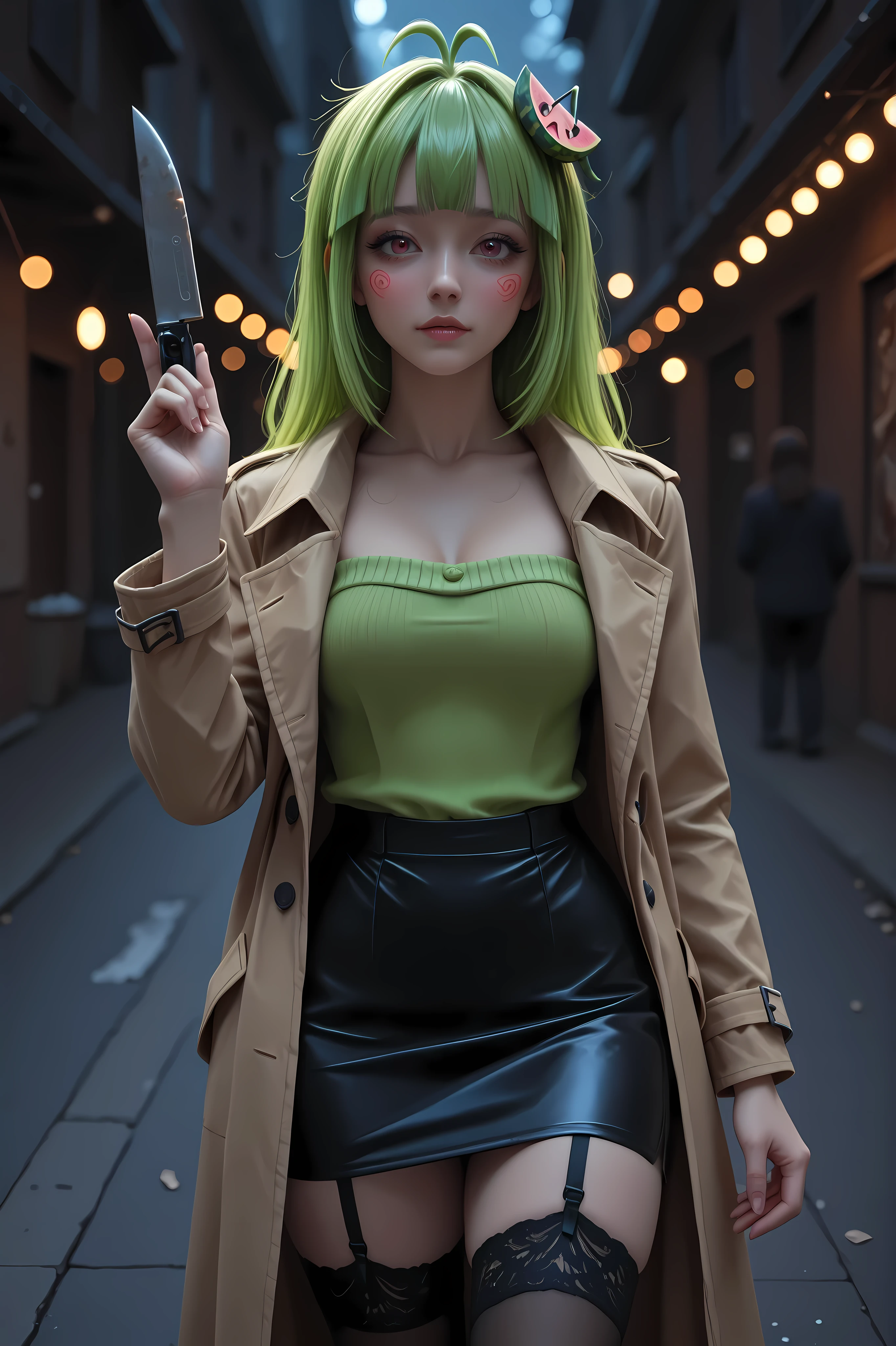 Vannamelon, trench coat、melon hairpin, black skirt, pencil skirt, garter belt、stockings within the limits of regulation、Absurd Beauty、Morning glow、Nobody's Street Corner、 high resolution、Masterpiece、 Portrait、Dark Tones 、bokeh、exquisite detailed expression、professional shooting、bright colors、HDR, holding a knife in one hand, holding a gun in the other hand