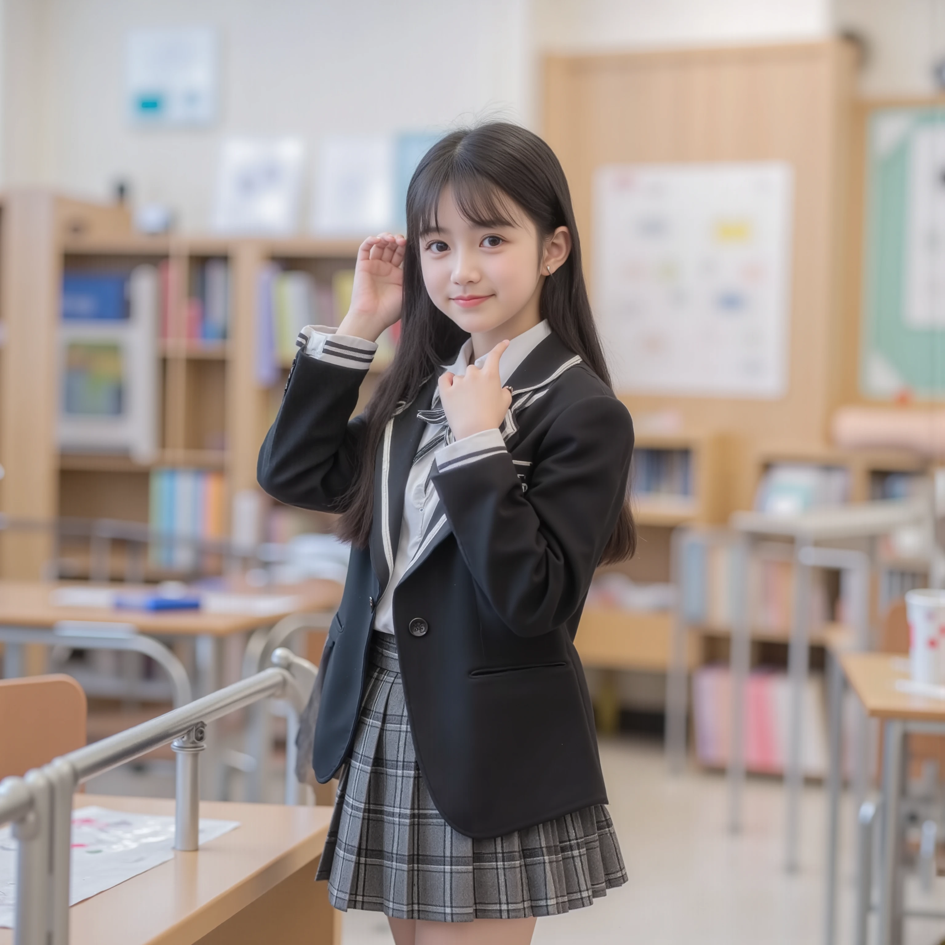 (8k, Highest Quality, masterpiece,full body:1.2), ultra high resolution, complicated details, 1 girl, ((10 years old,Graduation elementary school student:1.0)),beautiful faces, black long hair, black and white school uniform ,blazer after face,pleated skirt,