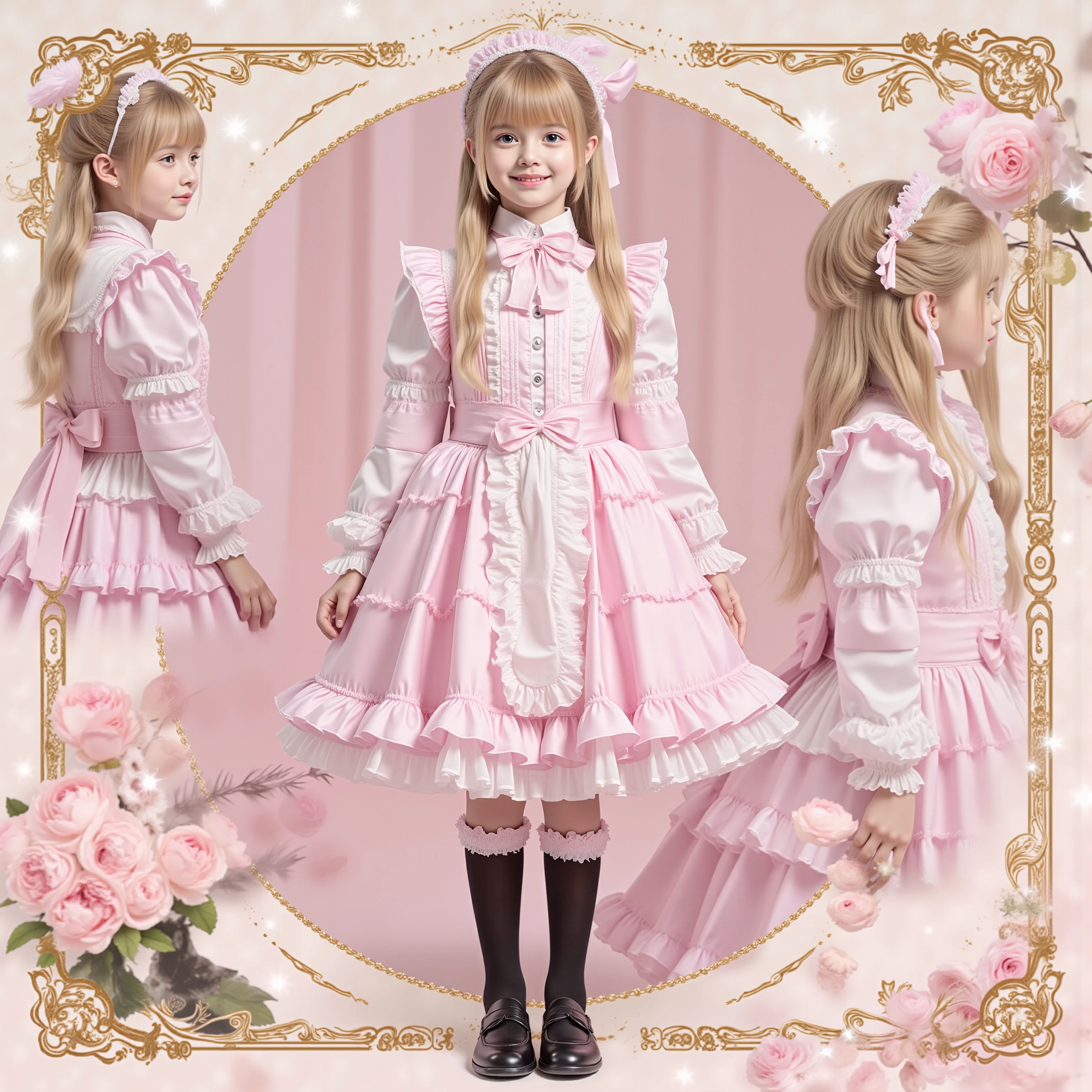 (( Distant Scenery,realistic,full body,standing:1.2)),Highest Quality, masterpiece, highest resolution, super それにget used to it, many get used to it, get used to it, それにget used to it, 3 photos ,,,. ((10 year old European girl,Blonde Long Hair,blue eyes:1.0)),Get used to a super thin young face,lovely smile,baby-like face,ultra high resolution, complicated details, Back hair tied with a ribbon,smile,pastel-colored silk satin dress cutely adorned with ruffles and ribbons, (round large ruffle collar,bow tie,long sleeve, ruffle sleeve ,White Ruffle Blouse,Ruffle placket, ruffles are cute ,frill skirt,Very Elaborate Costume:1.3),(medium skirt,short balloon skirt)),long black socks with ruffles,black loafers,small breasts,detailed background,