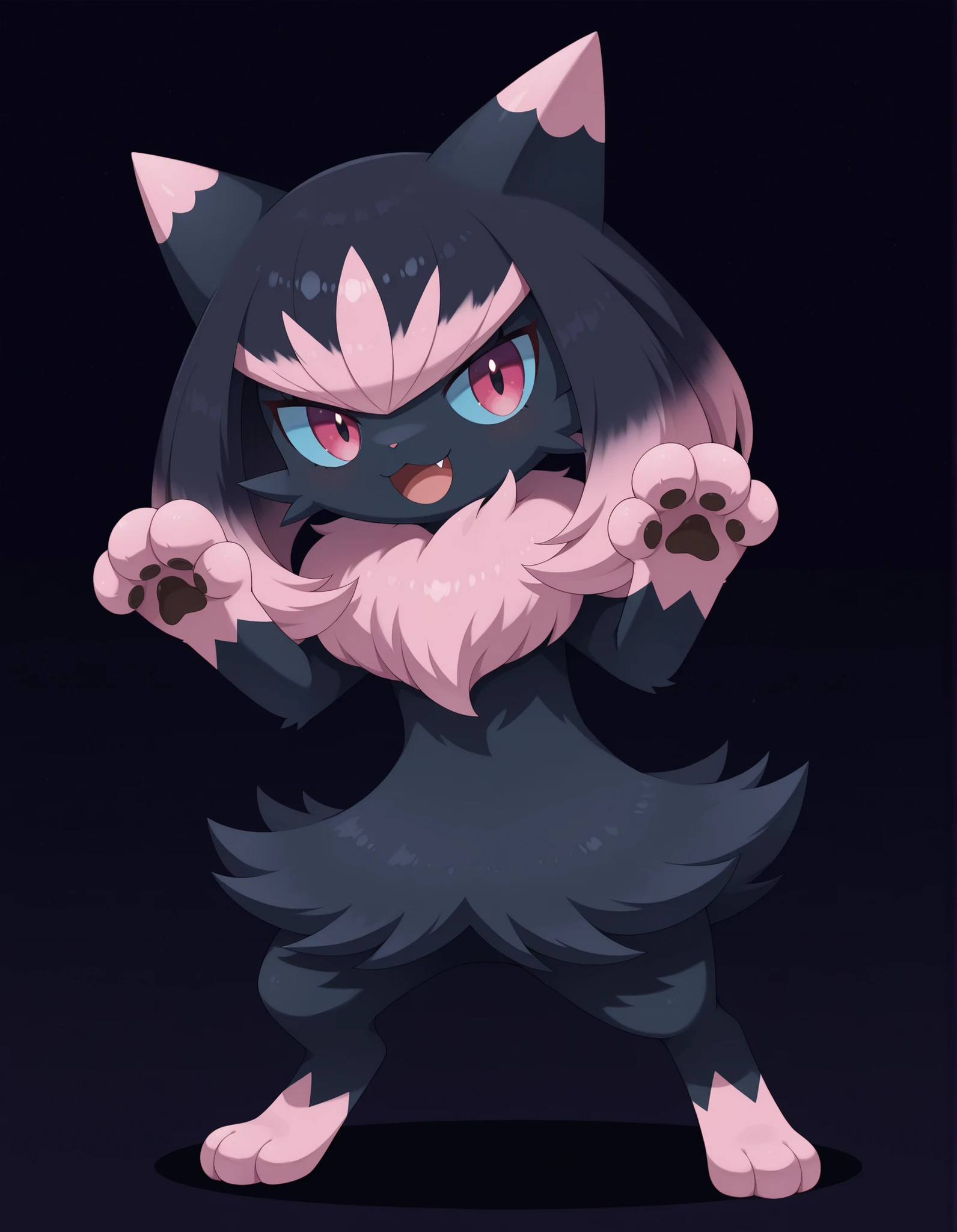 Noxmauve, solo, smile, open_mouth, pink_eyes, simple_background, black_hair, standing, full_body, pink_hair, multicolored_hair, fang, hands_up, pokemon_\(creature\), black_background, paw_pose, black_fur, blue_sclera, highlights_(coloring), gradient_hair,