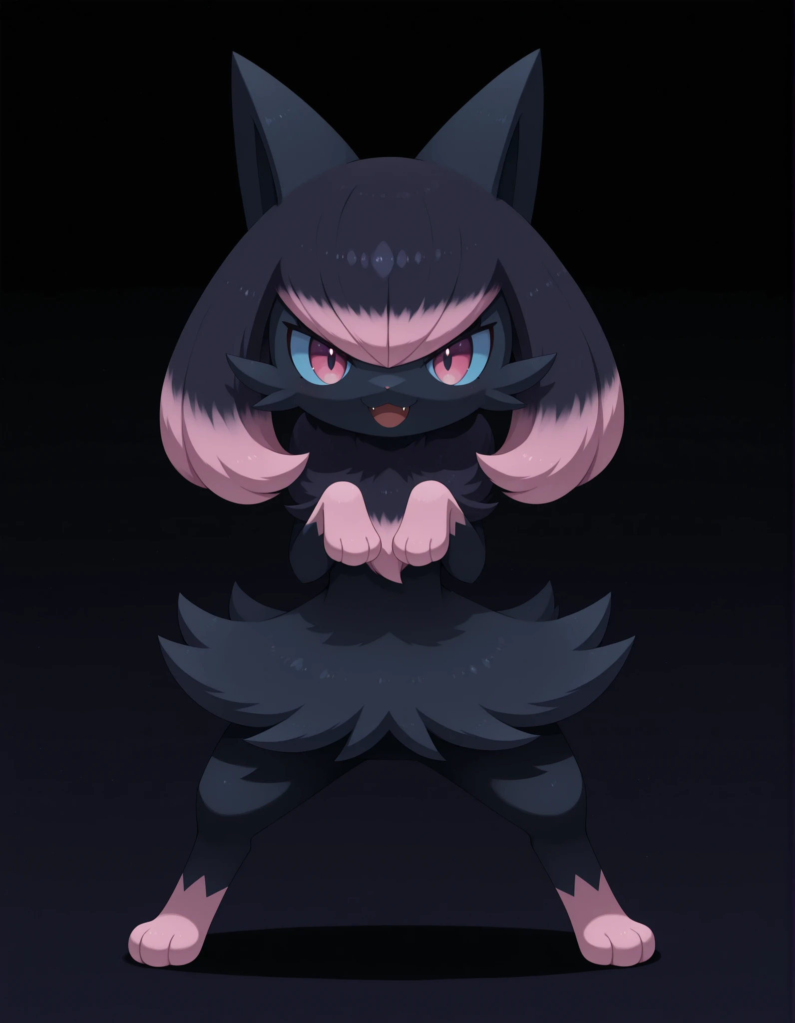 Noxmauve, solo, smile, open_mouth, pink_eyes, simple_background, black_hair, standing, full_body, pink_hair, multicolored_hair, fang, hands_up, pokemon_\(creature\), black_background, paw_pose, black_fur, blue_sclera, highlights_(coloring), gradient_hair,