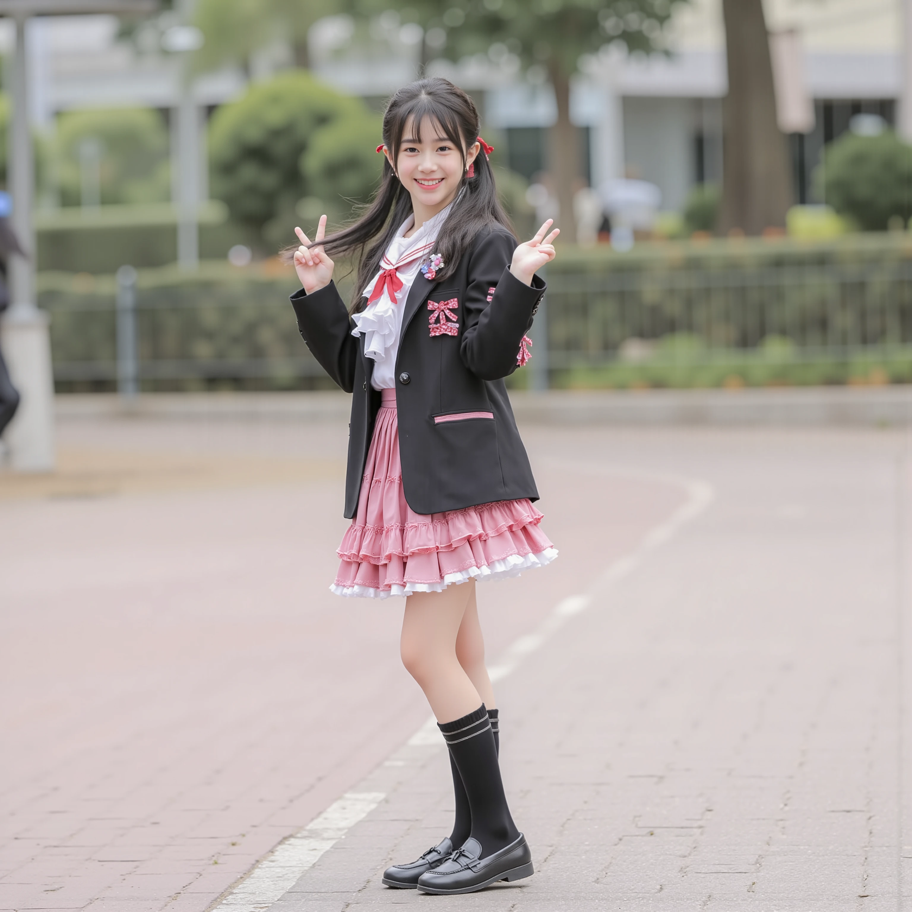 (8k,  Highest Quality, masterpiece,full body:1.2),   ultra high resolution,  complicated details,  1 girl,  ((10 years old,elementary school student:1.0)),beautiful faces, black long hair,Back hair tied with ribbons,smile,Elementary school graduation outfit decorated with cute ruffles and pink ribbons, （black blazer, ruffle sailor color,red ribbon tie,long sleeve, ruffle sleeve ,White Ruffle Blouse,Ruffles are cute ,medium skirt、pleated skirt,pink ruffle skirt,）Long Black Socks with Ruffles,black loafers,small , round fluffy hoop skirt,,Adding Beautiful Details, outdoor,