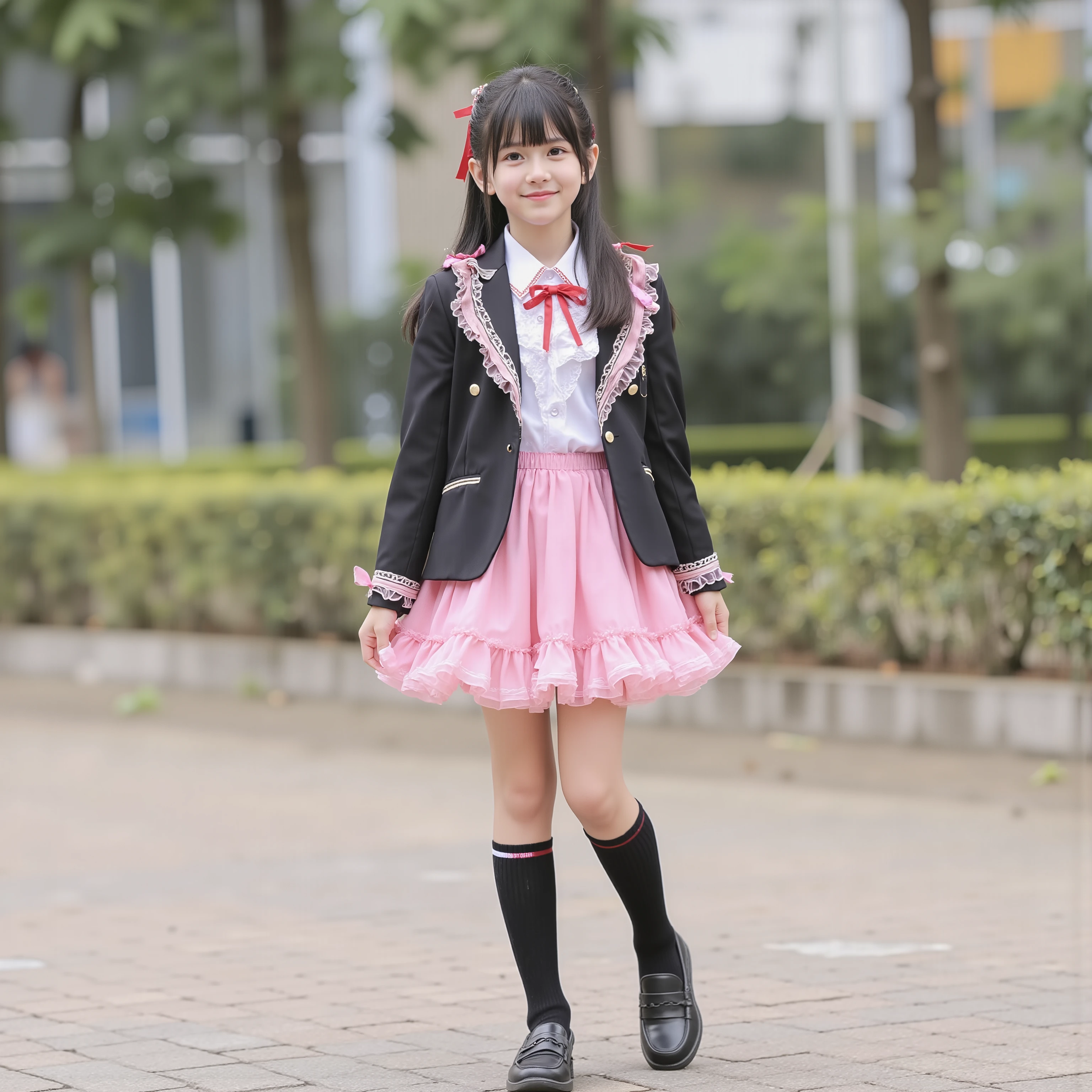 (8k, Highest Quality, masterpiece,full body:1.2), ultra high resolution, complicated details, 1 girl, ((10 years old,Short Height,elementary school student:1.0)),beautiful faces, black long hair,Back hair tied with ribbons,smile,Elementary school graduation outfit decorated with cute ruffles and pink ribbons, (black blazer, ruffle sailor color,red ribbon tie,long sleeve, ruffle sleeve ,White Ruffle Blouse,Ruffles are cute ,medium skirt、pleated skirt,pink ruffle skirt,)Long Black Socks with Ruffles,black loafers,small breasts, round fluffy hoop skirt,,Adding Beautiful Details, outdoor,