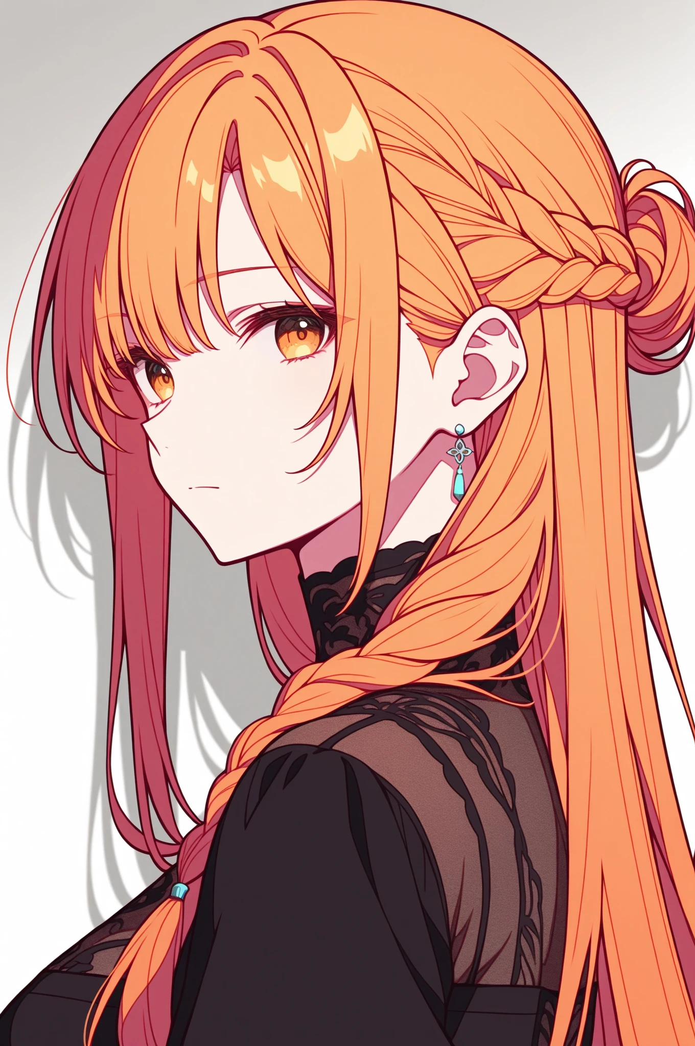 1girl, Yuuki Asuna, long hair, orange blond hair, ((hazel eyes)), straight bangs, side braid half updo, solo, soft curves, real light and shadow, beautiful detailed face, intricate details, masterpiece, best quality, color_gradient background,