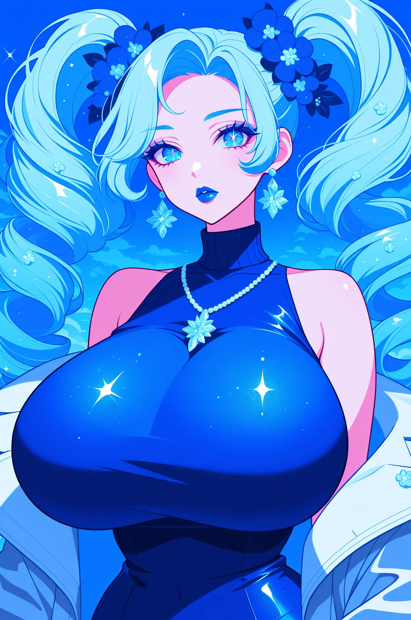 face closeup, glitter,  voluptuous, sexy woman, very long curly hair in long curly pigtails, icy blue hair, icy blue eyes, icy blue eyeshadow, blue eyelashes, blue clothing, blue lips, blue earrings and necklace, gigantic breasts, turtleneck and jacket, looking at viewer,  puffy lips, iridescent colors, flowers, trees, sky, detailed background ,