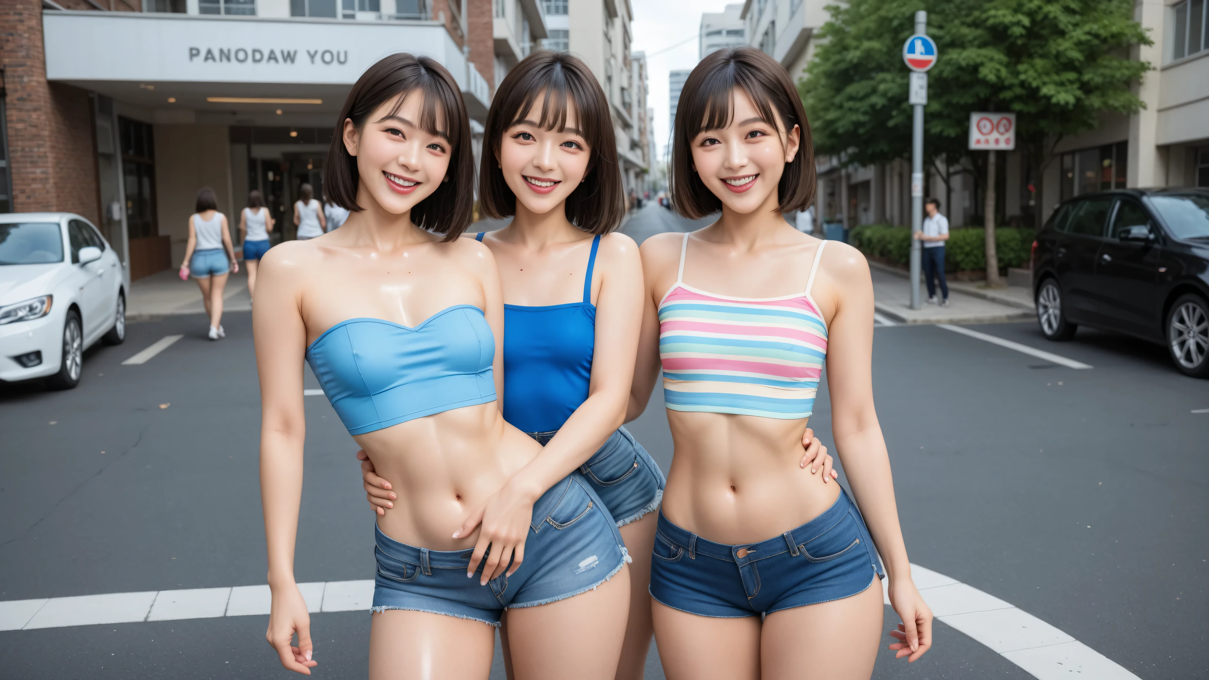 score_9, score_8_up, score_7_up, score_6_up, score_5_up, score_4_up, source_anime, Tag 1 , Tags 2 , Quality_masterpiece, anatomically accurate, 2 20 year old girls, beautiful faces, perfect face, 非常に詳細でbeautiful facesと目, attractive face on the back, detailed face, delicate facial features, Woman Standing in Front, Perfect Eyes, Thin Waist, thighsが細い, Thin Waist, curvy, (oiled body :1.2), Lashes, dark eyes, makeup, semi-long black hair、with bangs, has a seductive smile, ((colorful sleeveless off-the-shoulder for two middle school students、blue denim super low rise shorts, small breasts, thin、Thin Waist、belly button out, Exposing your belly, thighs)), standing, sexy pose, street, ((Laughing Smile )), Front view cowboy shot、