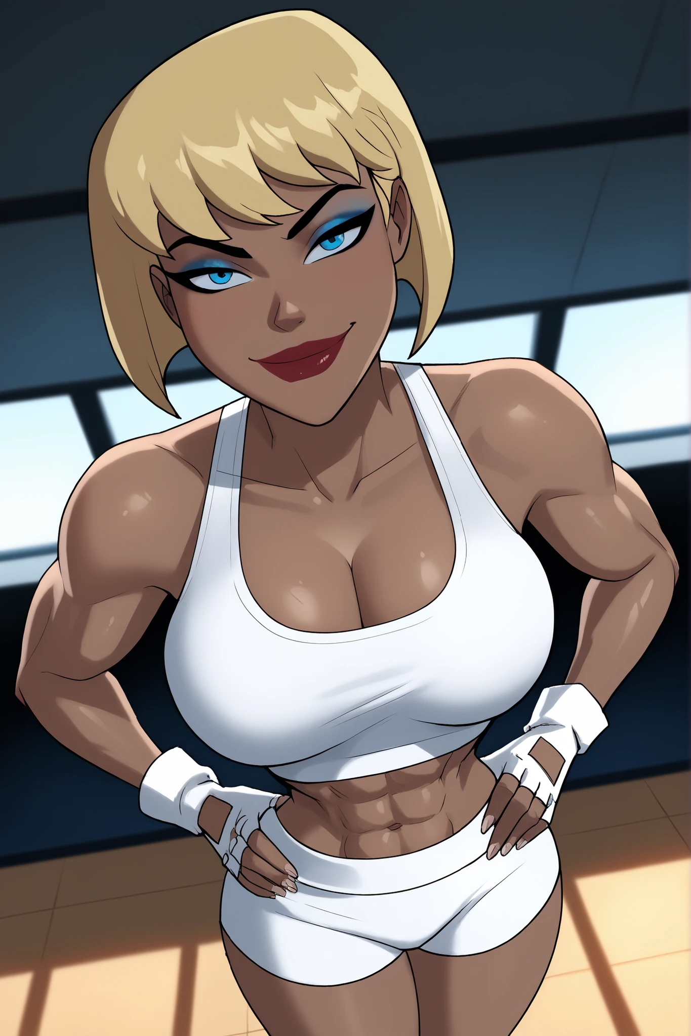 BREAK, score_6_up, score_7_up, score_8_up, score_9, g4l4t3a, 1girl, solo, short hair, bangs, blue eyes, blonde hair, lipstick, makeup, dark skin, dark-skinned female, large breasts, busty, cleavage, curvy, athletic, muscular female, looking at viewer, seducing viewer, teasing viewer, seductive expression, smiling, closed mouth, bedroom eyes, white sports bra, white gym shorts, white fingerless gloves, indoors, gym, standing, closeup, portrait, upper body, high-angle view, blue eyeshadow, hands on waist