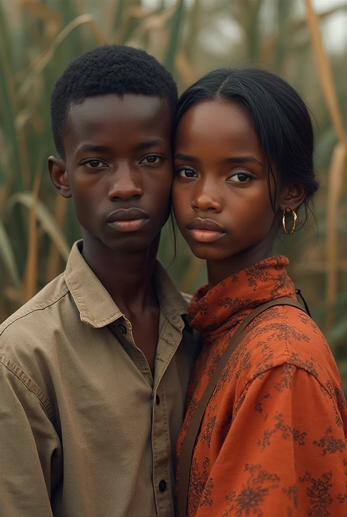 Create a highly detailed ultra realistic portrait image of A young African boy with black skin, dressed in a white shirt and quarter-left black pants, is sitting with a young girl who also has black skin. She is wearing a floral dress and flip-flops.