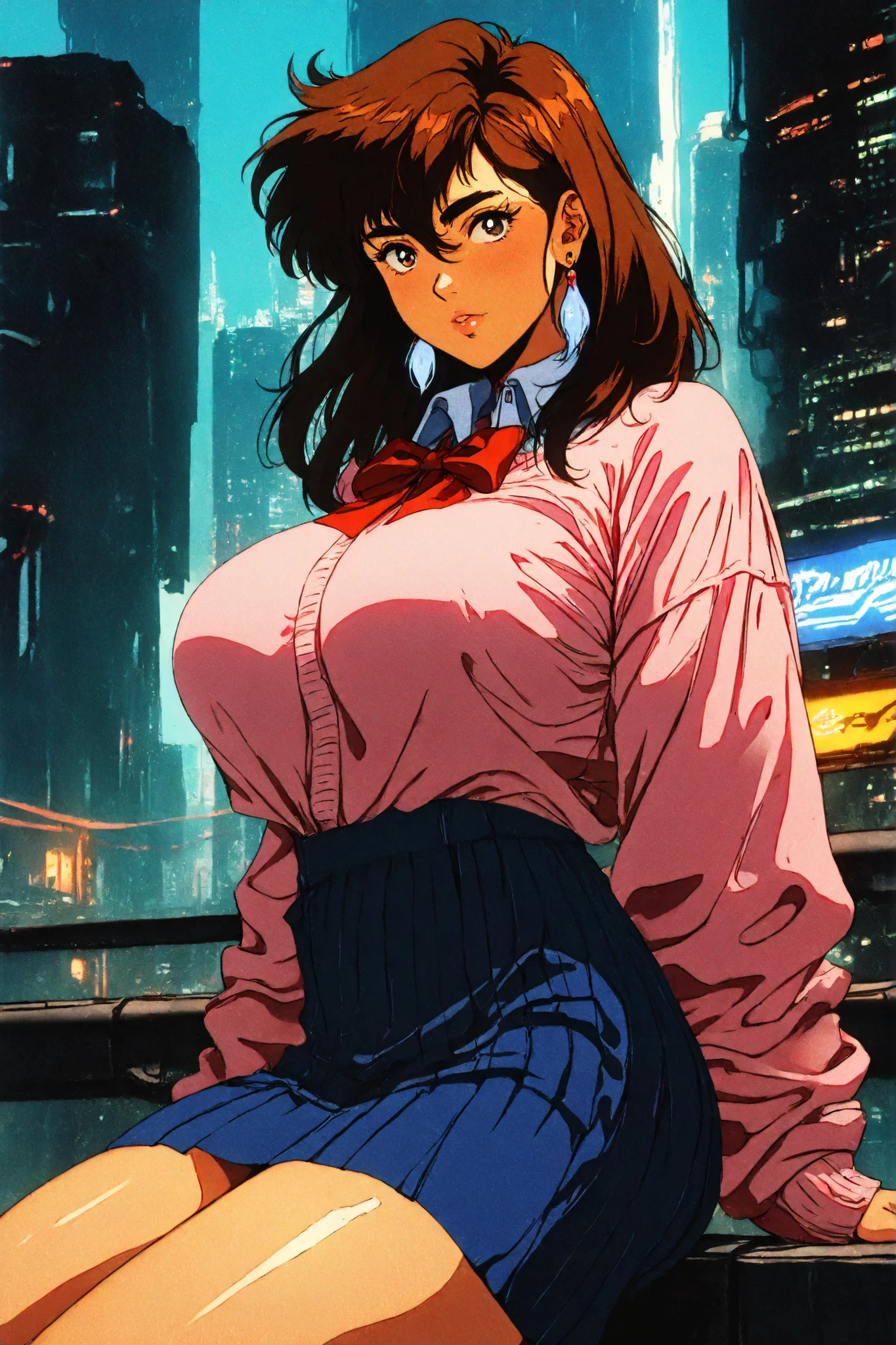 score_9, score_8_up, score_7_up, score_6_up, score_5_up, score_4_up, KJOmomo, brown hair, dark eyes, medium hair, hair between eyes, thick eyebrows, earrings,white collared shirt, oversized pink pullover, long sleeves, red bow, blue short skirt, untucked shirt , 1girl, solo, alone, retro_artstyle, retro, cyberpunk, masterpiece, highres, cyberpunk city background,mia malkova, woman wearing strappy top and harem , huge breast , round ass, oiled legs