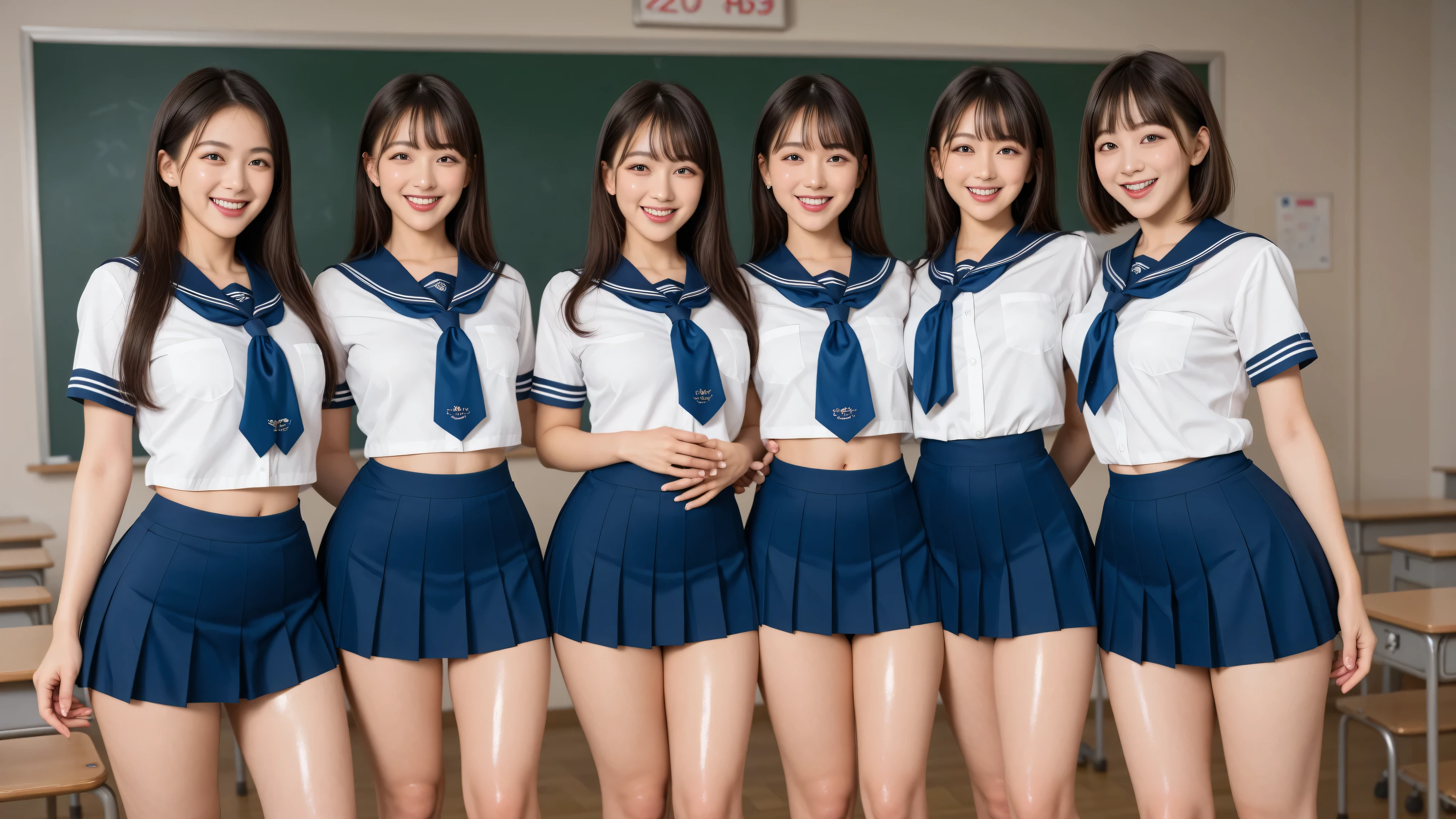 score_9, score_8_up, score_7_up, score_6_up, score_5_up, score_4_up, source_anime, Tag 1 , Tags 2 , Quality_masterpiece, anatomically accurate, 2 20 year old girls, beautiful faces, perfect face, 非常に詳細でbeautiful facesと目, attractive face on the back, detailed face, delicate facial features, Woman Standing in Front, Perfect Eyes, Thin Waist, thighsが細い, Thin Waist, curvy, (oiled body :1.2), Lashes, dark eyes, makeup, semi-long black hair、with bangs, has a seductive smile, ((Middle School Uniform for 2 Middle School Students、Super Low Rise Mini Skirt in Blue Denim, small breasts, thin、Thin Waist、belly button out, Exposing your belly, thighs)), standing, sexy pose, school classroom, ((Laughing Smile )), Front View Cowboy Shot、