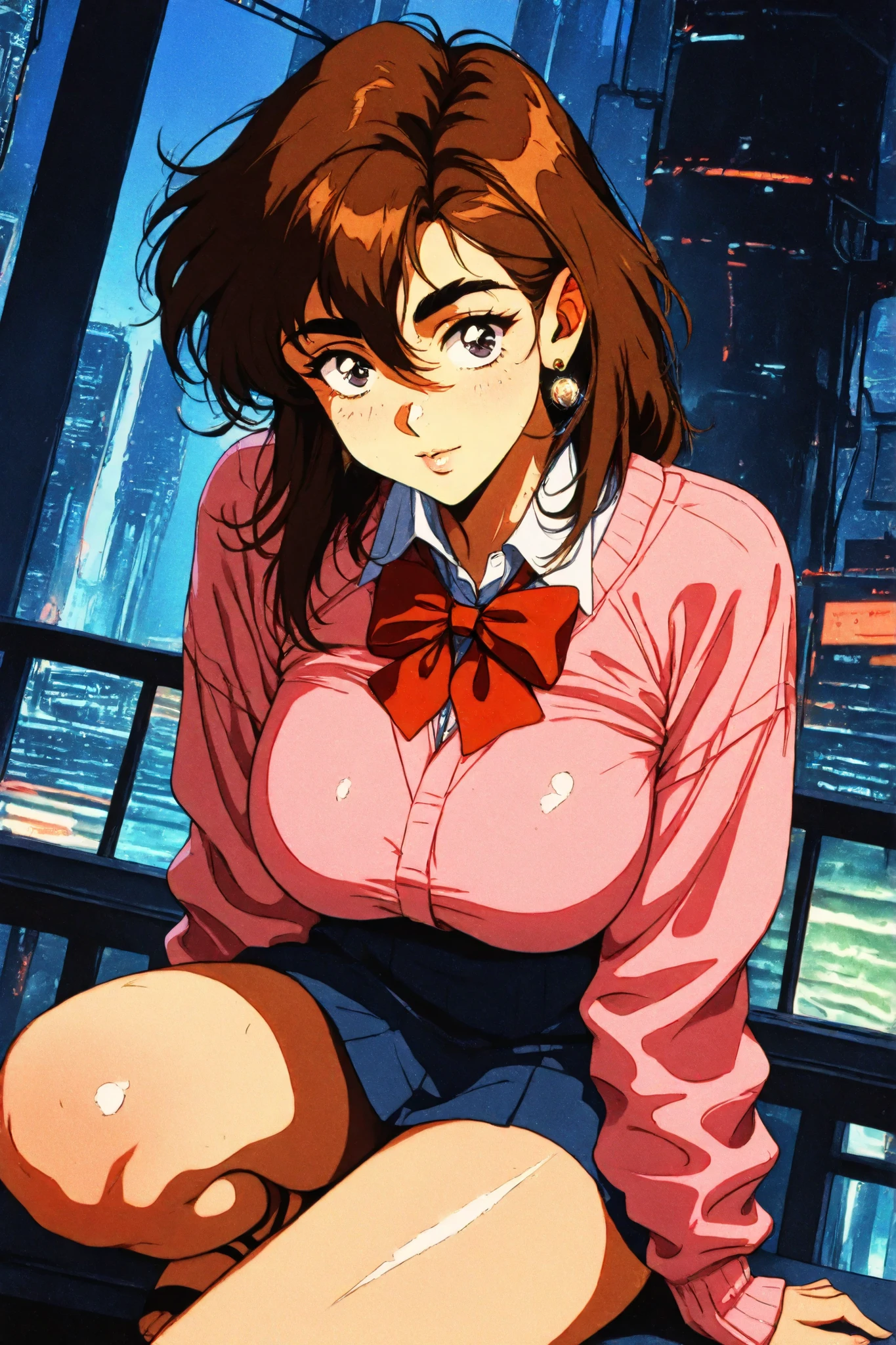 score_9, score_8_up, score_7_up, score_6_up, score_5_up, score_4_up,    KJOmomo, brown hair, dark eyes, medium hair, hair between eyes, thick eyebrows, earrings,white collared shirt, oversized pink pullover, long sleeves, red bow, blue short skirt, untucked shirt , 1girl, solo, alone, retro_artstyle, retro, cyberpunk,  masterpiece, highres, cyberpunk city background,mia malkova, woman wearing strappy top and harem , huge breast , round ass, oiled legs