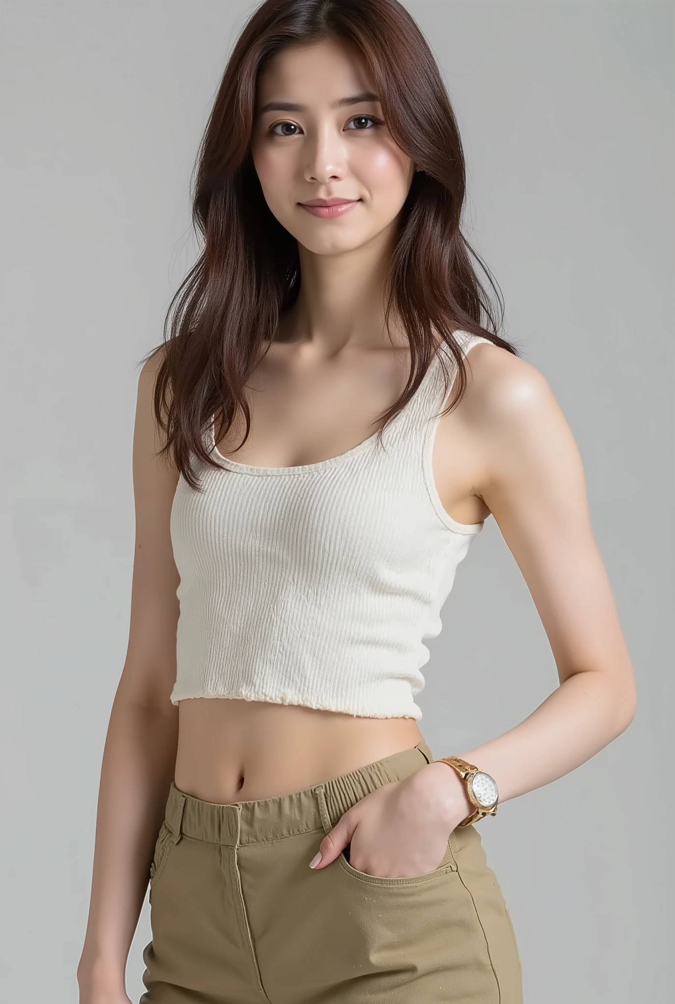 A cute single worker woman、as real as in the picture、model pose、Perfect Body、tamp-top