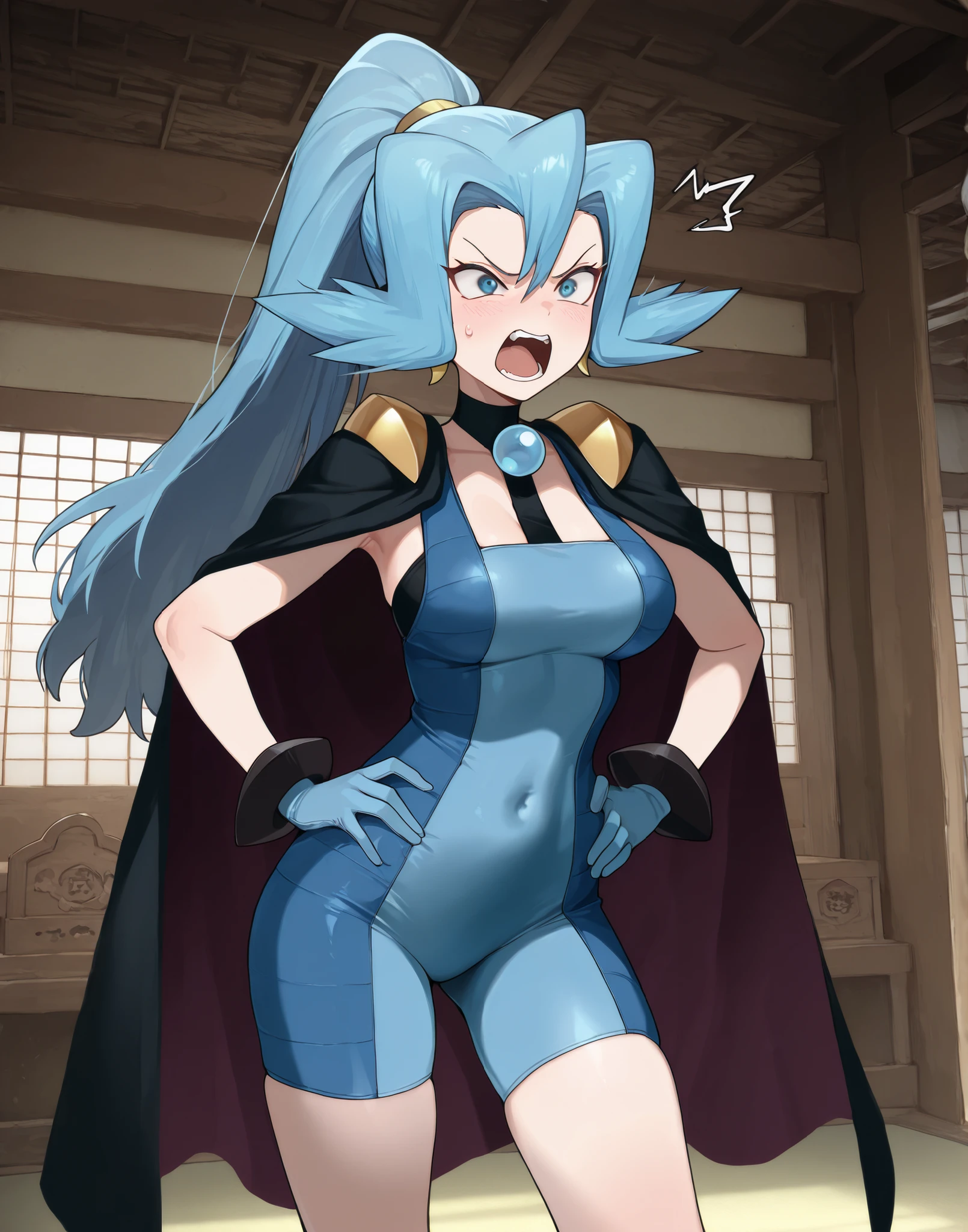 (masterpiece) ,best quality,amazing quality,very aesthetic,absurdres,newest, Best quality), (Masterpiece), ,)), 1girll,l,Solo, ,zzClair, solo, 1girl, long hair, blue hair, blue eyes, ponytail, blue bodysuit, black cape, blue gloves, inside, shrine, angry expression, hands on hips, shouting