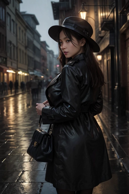 high quality, masterpiece, beautiful, photorealistic, 1 person, woman, holding umbrella, outdoor, rainy day, city street, detailed  features, expressive eyes, elegant hairstyle, detailed clothing, colorful umbrella, puddles on ground, reflections, dramatic lighting, cinematic mood