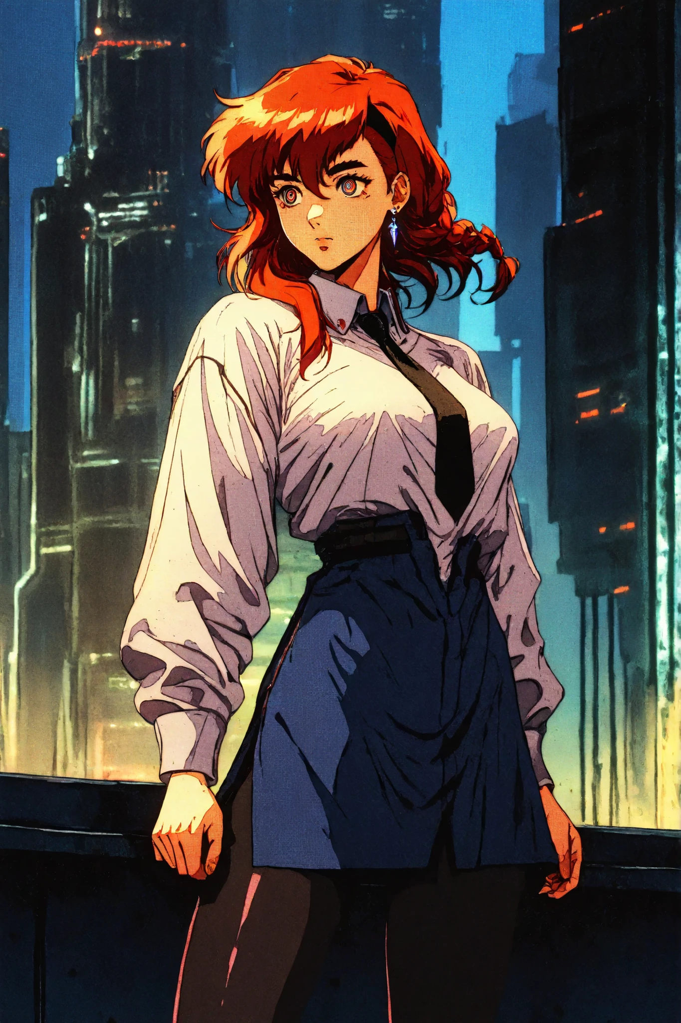 score_9, score_8_up, score_7_up, score_6_up, score_5_up, score_4_up, , mak1ma0, red hair, long hair, ringed eyes, braid, white collared shirt,black necktie, black pants, 1girl, solo, alone, retro_artstyle, retro, cyberpunk, standing, cyberpunk city background,score_9, score_8_up, score_7_up, score_6_up, score_5_up, score_4_up, KJOmomo, brown hair, dark eyes, medium hair, hair between eyes, thick eyebrows, earrings,white collared shirt, oversized pink pullover, long sleeves, red bow, blue short skirt, untucked shirt , 1girl, solo, alone, retro_artstyle, retro, cyberpunk, masterpiece, highres, cyberpunk city background,mia malkova, woman wearing strappy top and harem , huge breast , round ass, oiled legs