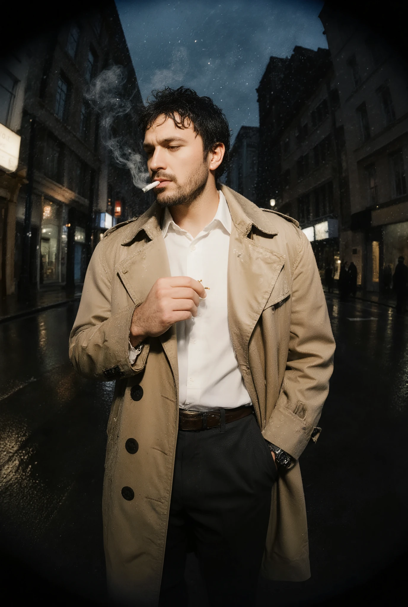 by Fisheye lens-style,Extreme Wide-Angle,Perspective Intensification,Dynamic Perspective,Edge Stretch,A highly detailed, cinematic 35mm photograph of a man wearing a classic trench coat, standing alone on a rainy city street at night. The shot has shallow depth of field with a moody, atmospheric bokeh in the background. The man is in sharp focus — late 30s to early 40s, rugged features, short dark hair slightly damp from the rain, a faint stubble on his jaw. He wears a long, double-breasted tan trench coat with the collar popped, raindrops glistening on the fabric. Underneath, he wears a crisp white shirt, loosely buttoned, and dark trousers. His posture is relaxed but alert, one hand in his pocket, the other holding a cigarette with faint smoke curling upward, catching the streetlight. A classic wristwatch peeks out from under his sleeve.
