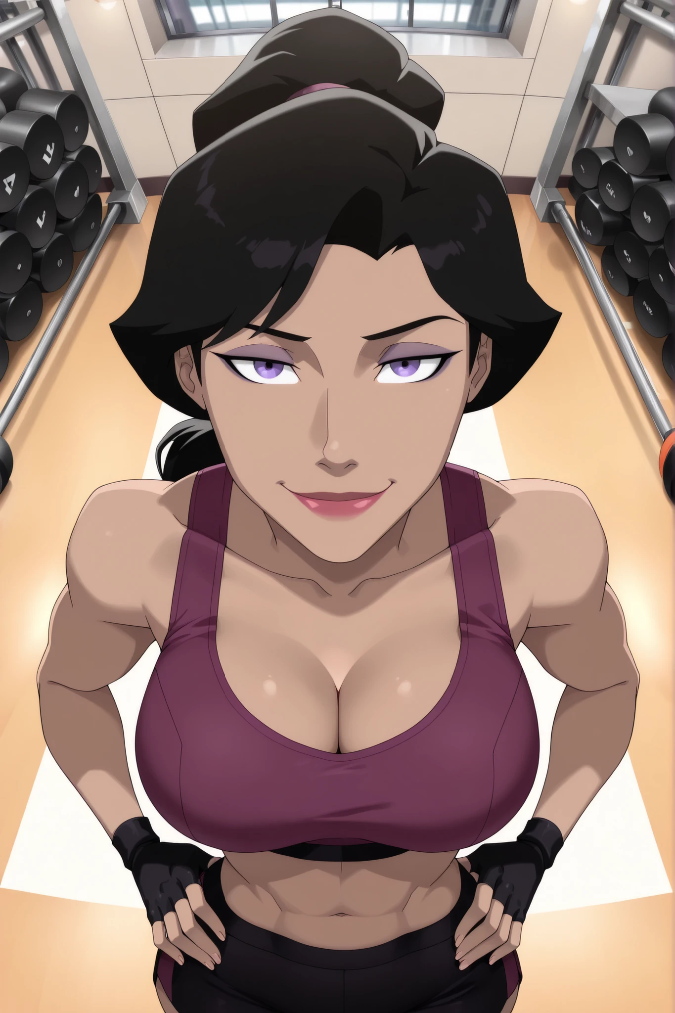 ((parody), perfect anatomy, perfect eyes) BREAK lois lane, black hair, ponytail, purple eyes, lipstick, makeup, ((looking at viewer)), large breasts, busty, cleavage, curvy, athletic, purple sports bra, black gym shorts, black fingerless gloves, teasing viewer, seducing viewer, gym, indoors, standing, closeup, portrait, smiling, seductive expression, bedroom eyes, upper body, portrait, closeup, high-angle view, dark purple eyeshadow, hands on waist
