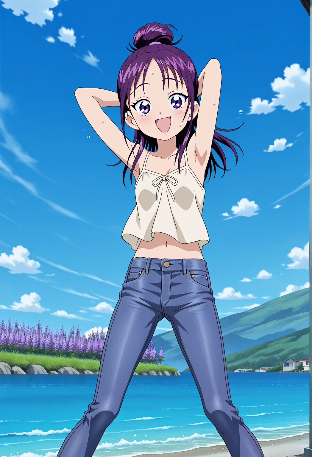 score_9, score_8_up, score_7_up, source_anime, highres, hi res, ((best quality, top quality, perfect quality, Highest Quality, amazing quality)), {{masterpiece}}, {{an extremely delicate and beautiful}}, 2d, intricate details, official style, anime, 8k, anime style, official_anime, official art, digital painting, cell shading, soft shading, high resolution, soothing tones, Subdued Color, Soft cinematic light, adobe lightroom, photolab, HDR, intricately and hyper-detailed, ((high quality animation)), 1 girl, Alone, solo, ((ocean)), tsunami, on the water, day, sunny, outdoors, sky, windy, Mai, purple_eyes, purple hair, long_hair, hair bun, anime screencap, small breasts, light beige camisole top, crop top, light beige crop top, best quality, hyper-detailed jeans, ((lavender jeans:1.9)), (dark blue jeans:0.6), full medium body, medium shot, Open mouth, smiling, happy face, blush, sweat, standing, ((arms behind head:6.0)), bowlegged, jumping pose, action, looking at viewer, spread legs, Bend knees slightly, straight-on front view