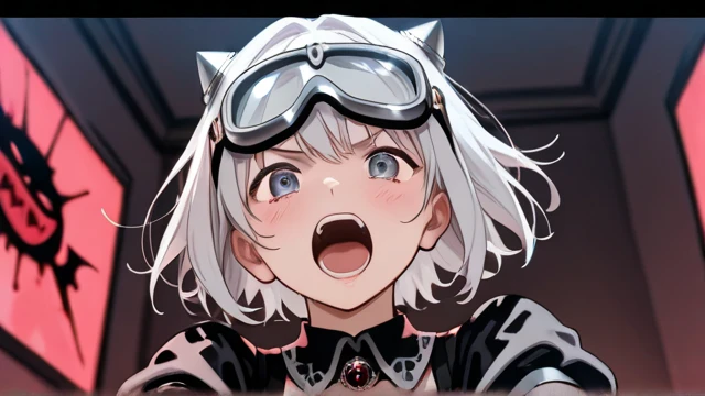 a cartoon girl in sports gear and a  helmet poses while looking up, 1girl, , solo, blue eyes, animal ears, goggles, large , fang, open mouth, grey hair, long hair