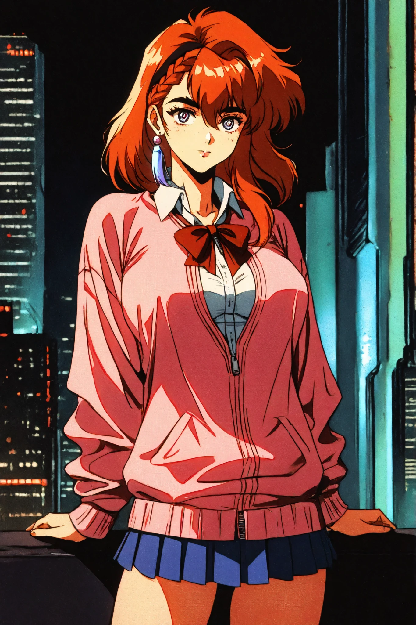 score_9, score_8_up, score_7_up, score_6_up, score_5_up, score_4_up,  , mak1ma0, red hair, long hair, ringed eyes, braid, white collared shirt,black ,  1girl, solo, alone, retro_artstyle, retro, cyberpunk, standing, cyberpunk city,background,score_9, score_8_up, score_7_up, score_6_up, score_5_up, score_4_up,    KJOmomo, brown hair, dark eyes, medium hair, hair between eyes, thick eyebrows, earrings,white collared shirt, oversized pink pullover, long sleeves, red bow, blue short skirt, untucked shirt , 1girl, solo, alone, retro_artstyle, retro, cyberpunk,  masterpiece, highres, cyberpunk city background,mia malkova, woman wearing strappy top and harem , huge breast , round ass, oiled legs
