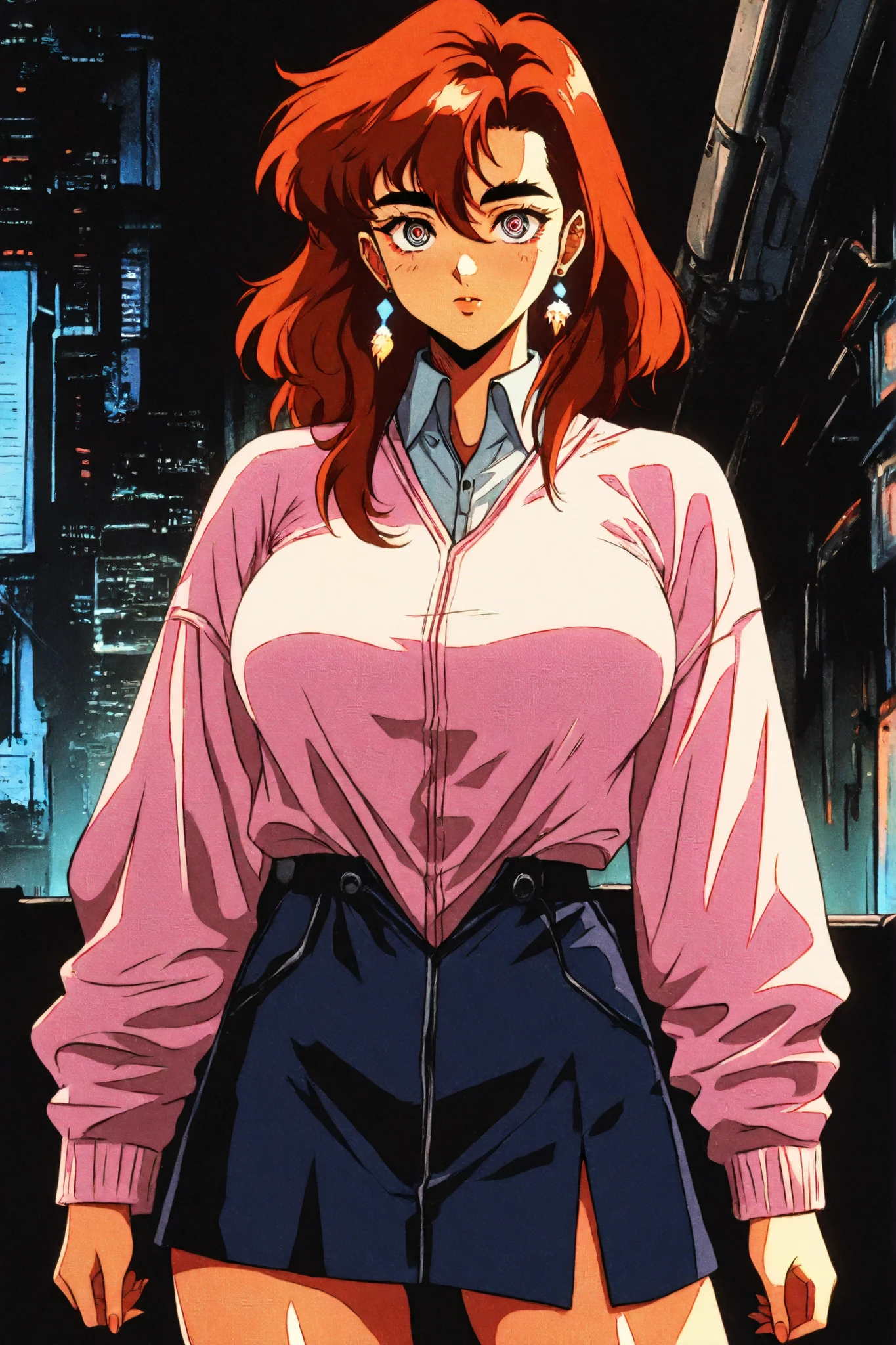 score_9, score_8_up, score_7_up, score_6_up, score_5_up, score_4_up, , mak1ma0, red hair, long hair, ringed eyes, braid, white collared shirt,black , 1girl, solo, alone, retro_artstyle, retro, cyberpunk, standing, cyberpunk city,background,score_9, score_8_up, score_7_up, score_6_up, score_5_up, score_4_up, KJOmomo, brown hair, dark eyes, medium hair, hair between eyes, thick eyebrows, earrings,white collared shirt, oversized pink pullover, long sleeves, red bow, blue short skirt, untucked shirt , 1girl, solo, alone, retro_artstyle, retro, cyberpunk, masterpiece, highres, cyberpunk city background,mia malkova, woman wearing strappy top and harem , huge breast , round ass, oiled legs
