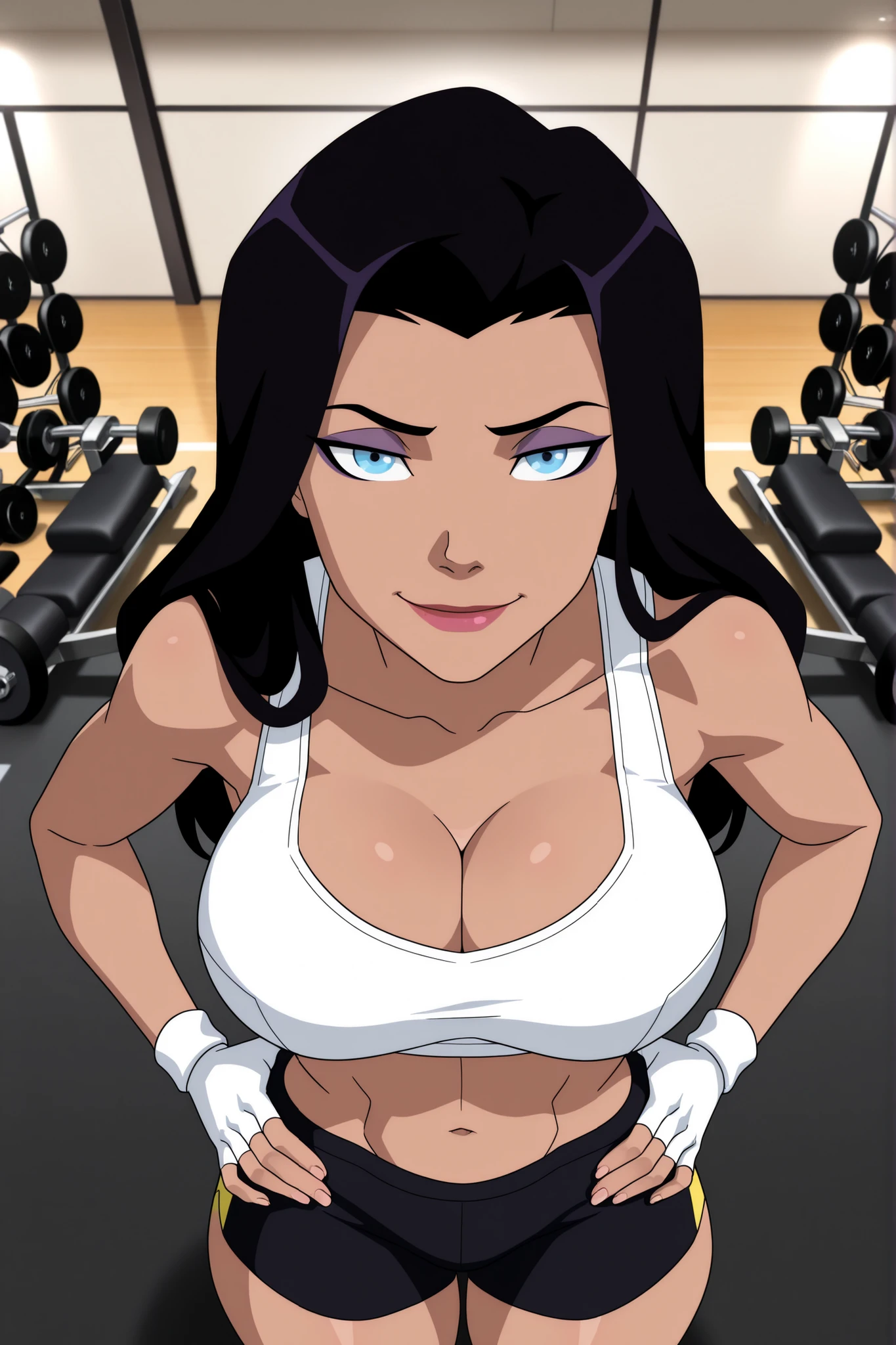 ((parody), perfect anatomy, perfect eyes, cowboy shot,) BREAK zatanna zatara, black hair, long hair, blue eyes, lipstick, ((looking at viewer)), seducing viewer, teasing viewer, large breasts, busty, cleavage, curvy, athletic, standing, white sports bra, black gym shorts, white fingerless gloves, seductive expression, bedroom eyes, indoors, gym, smiling, closed mouth, portrait, upper body, closeup, high-angle view, dark purple eyeshadow, hands on waist