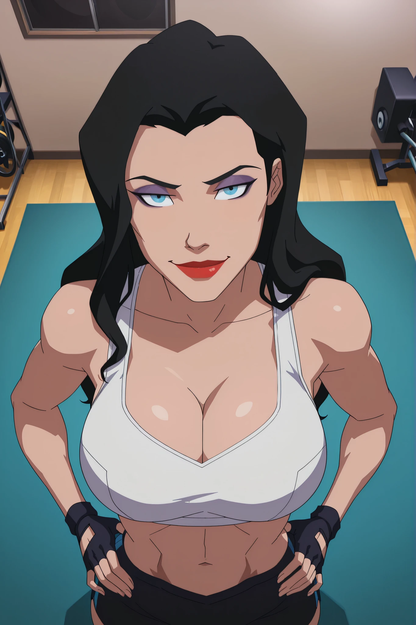 BREAK, score_6_up, score_7_up, score_8_up, score_9, zatannaYoungJustice, 1girl, solo, black hair, lipstick, blue eyes, makeup, red lips, long hair, large breasts, busty, cleavage, curvy, athletic, looking at viewer, seducing viewer, teasing viewer, seductive expression, smiling, closed mouth, bedroom eyes, white sports bra, black gym shorts, white fingerless gloves, indoors, gym, standing, closeup, portrait, upper body, high-angle view, dark purple eyeshadow, hands on waist