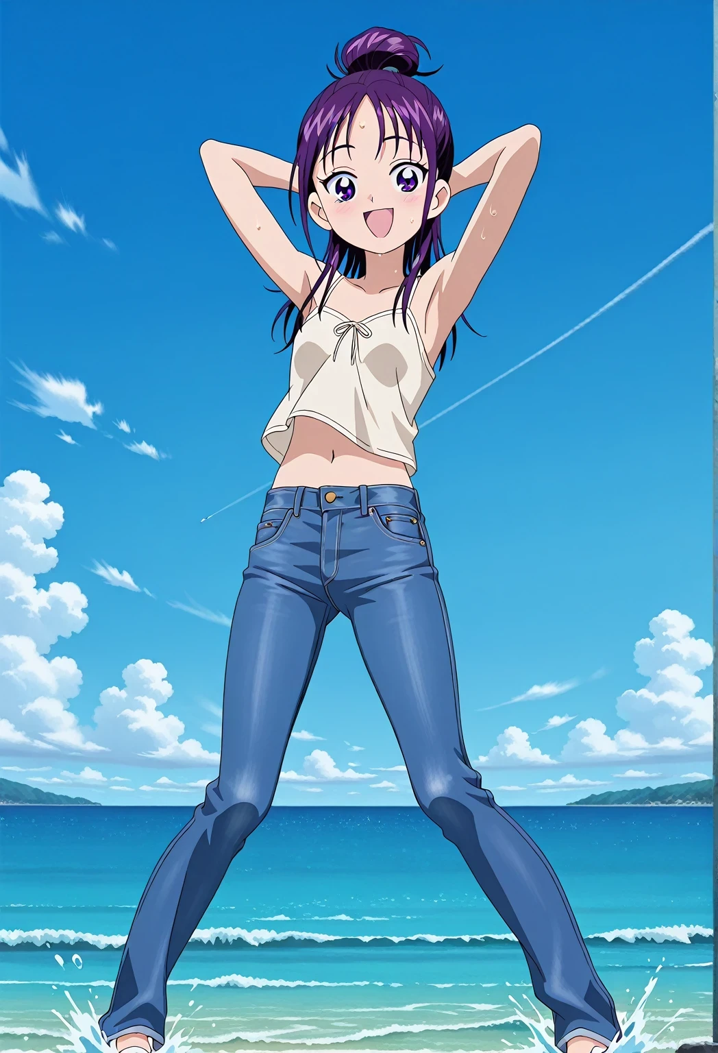 score_9, score_8_up, score_7_up, source_anime, highres, hi res, ((best quality, top quality, perfect quality, Highest Quality, amazing quality)), {{masterpiece}}, {{an extremely delicate and beautiful}}, 2d, intricate details, official style, anime, 8k, anime style, official_anime, official art, digital painting, cell shading, soft shading, high resolution, soothing tones, Subdued Color, Soft cinematic light, adobe lightroom, photolab, HDR, intricately and hyper-detailed, ((high quality animation)), 1 girl, Alone, solo, ((ocean)), tsunami, on the water, day, sunny, outdoors, sky, windy, Mai, purple_eyes, purple hair, long_hair, hair bun, anime screencap, small breasts, light beige camisole top, crop top, light beige crop top, best quality, hyper-detailed jeans, ((purple blue jeans:1.9)), (dark blue jeans:0.6), full medium body, medium shot, Open mouth, smiling, happy face, blush, sweat, standing, ((arms behind head:6.0)), bowlegged, jumping pose, action, looking at viewer, spread legs, Bend knees slightly, straight-on front view