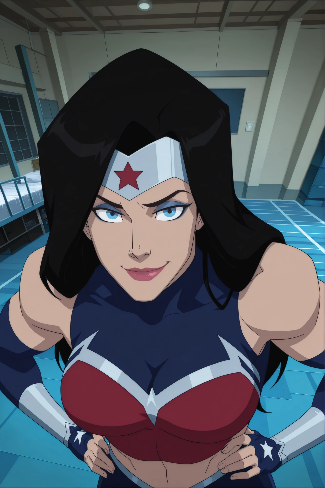 BREAK, score_6_up, score_7_up, score_8_up, score_9, 1girl, solo, long hair, blue eyes, black hair, bare shoulders, blue eyes, muscular female, midriff, bare shoulders, lipstick, makeup, wwBl00d, large breasts, busty, cleavage, curvy, athletic, looking at viewer, seducing viewer, teasing viewer, seductive expression, smiling, closed mouth, bedroom eyes, red sports bra, blue gym shorts, blue fingerless gloves, indoors, gym, standing, closeup, portrait, upper body, high-angle view, blue eyeshadow, hands on waist