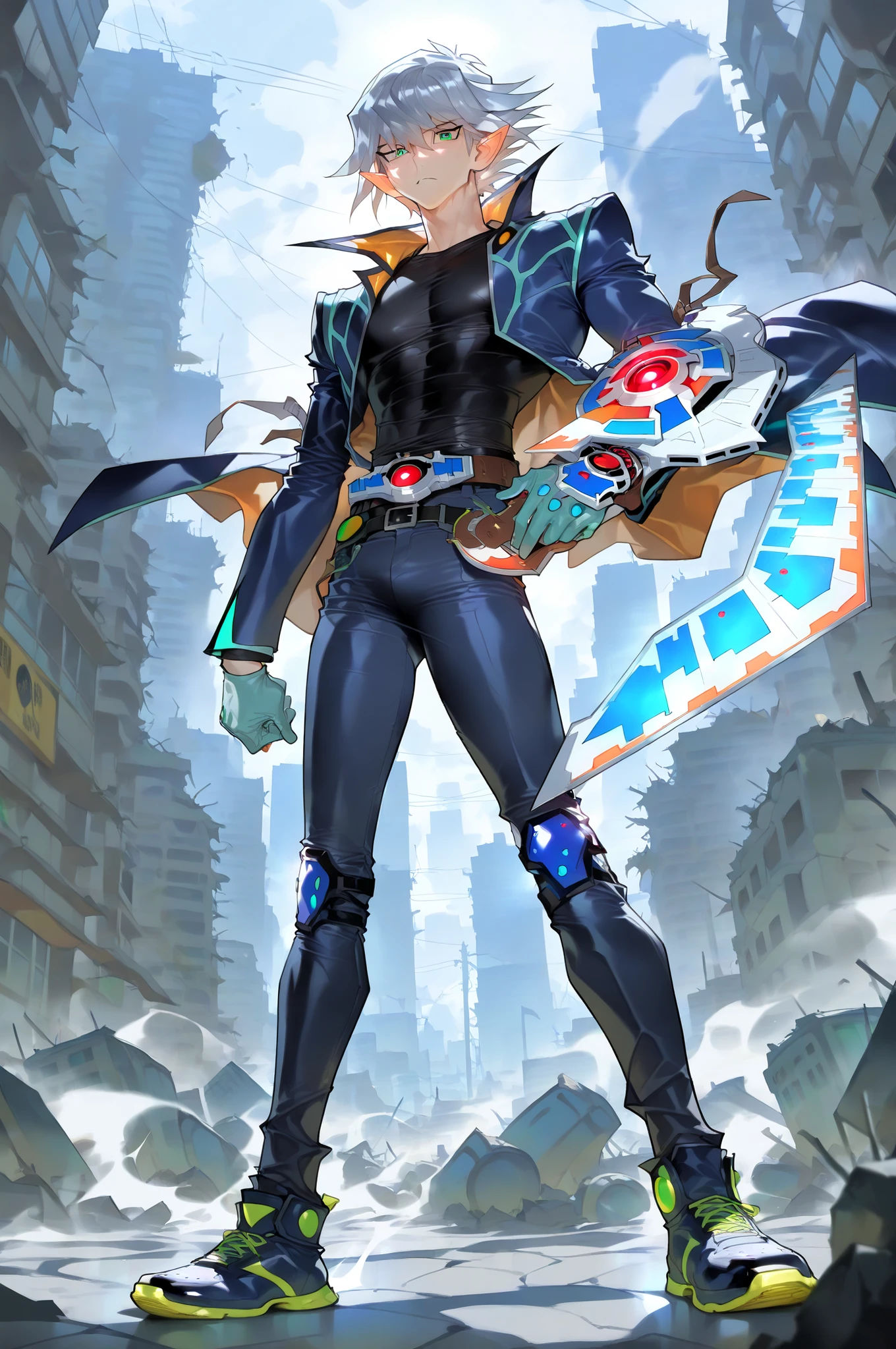 masterpiece, best quality, amazing quality, very aesthetic, high resolution, newest, hyper-detailed, solo, masculine character, MAN, mature man,blue skin color, Bright eyes, pointed ears, short gray hair, bulk body shape, black shirt, sports pants, ((duel disk from Yu-Gi-Oh )) fan art full body, city ruins on background