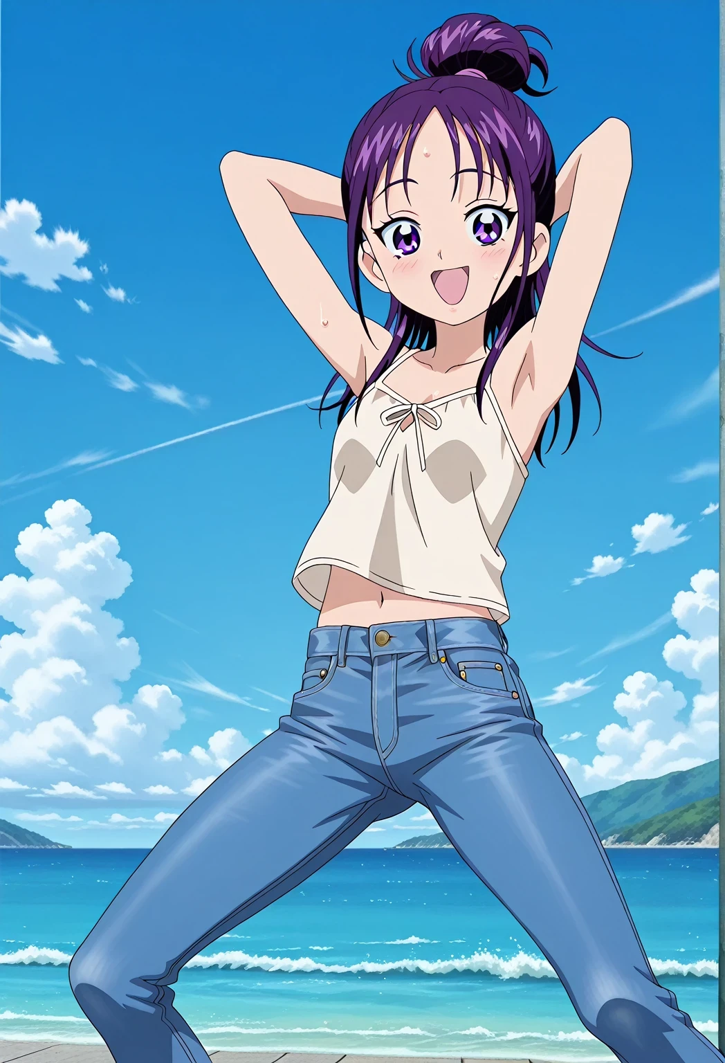 score_9, score_8_up, score_7_up, source_anime, highres, hi res, ((best quality, top quality, perfect quality, Highest Quality, amazing quality)), {{masterpiece}}, {{an extremely delicate and beautiful}}, 2d, intricate details, official style, anime, 8k, anime style, official_anime, official art, digital painting, cell shading, soft shading, high resolution, soothing tones, Subdued Color, Soft cinematic light, adobe lightroom, photolab, HDR, intricately and hyper-detailed, ((high quality animation)), 1 girl, Alone, solo, ((ocean)), tsunami, on the water, day, sunny, outdoors, sky, windy, Mai, purple_eyes, purple hair, long_hair, hair bun, anime screencap, small breasts, light beige camisole top, crop top, light beige crop top, best quality, hyper-detailed jeans, ((purple blue jeans:1.9)), (dark blue jeans:0.6), full medium body, medium shot, Open mouth, smiling, happy face, blush, sweat, standing, ((arms behind head:6.0)), bowlegged, jumping pose, action, looking at viewer, spread legs, Bend knees slightly, straight-on front view