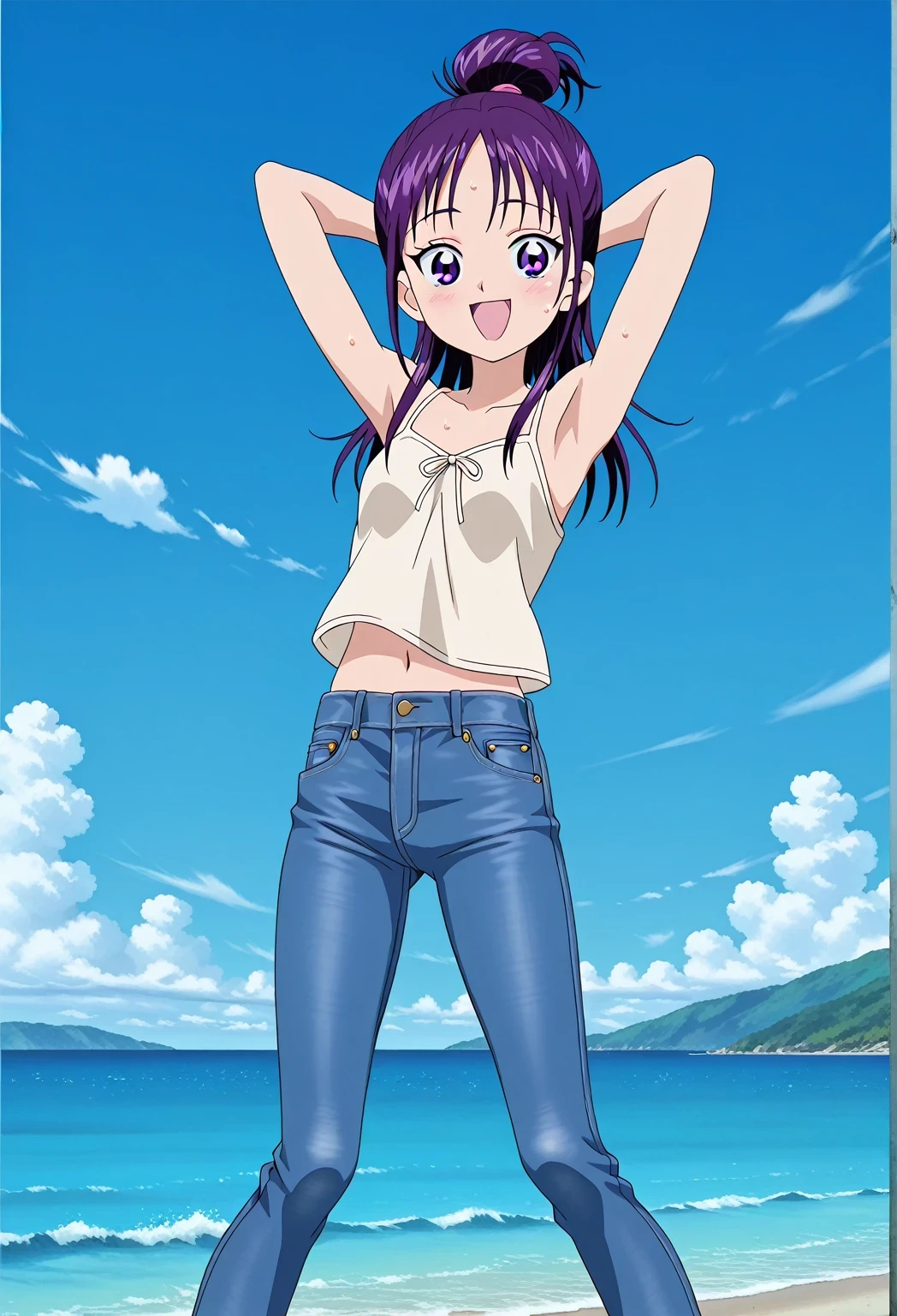 score_9, score_8_up, score_7_up, source_anime, highres, hi res, ((best quality, top quality, perfect quality, Highest Quality, amazing quality)), {{masterpiece}}, {{an extremely delicate and beautiful}}, 2d, intricate details, official style, anime, 8k, anime style, official_anime, official art, digital painting, cell shading, soft shading, high resolution, soothing tones, Subdued Color, Soft cinematic light, adobe lightroom, photolab, HDR, intricately and hyper-detailed, ((high quality animation)), 1 girl, Alone, solo, ((ocean)), tsunami, on the water, day, sunny, outdoors, sky, windy, Mai, purple_eyes, purple hair, long_hair, hair bun, anime screencap, small breasts, light beige camisole top, crop top, light beige crop top, best quality, hyper-detailed jeans, ((purple blue jeans:1.9)), (dark blue jeans:0.6), full medium body, medium shot, Open mouth, smiling, happy face, blush, sweat, standing, ((arms behind head:6.0)), bowlegged, jumping pose, action, looking at viewer, spread legs, Bend knees slightly, straight-on front view