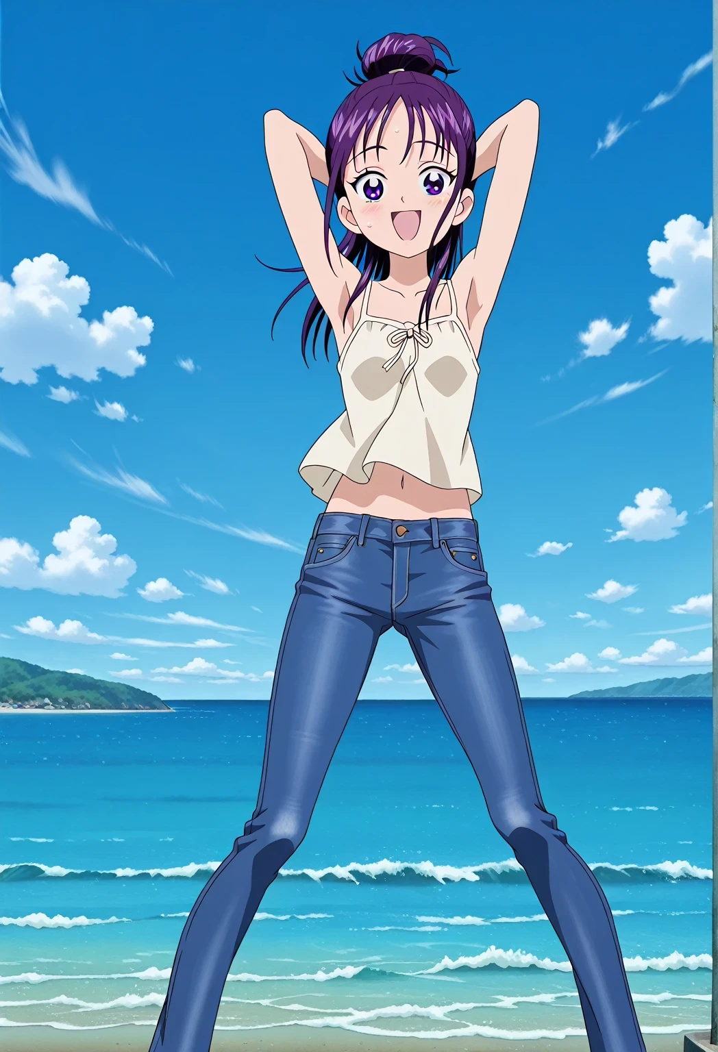 score_9, score_8_up, score_7_up, source_anime, highres, hi res, ((best quality, top quality, perfect quality, Highest Quality, amazing quality)), {{masterpiece}}, {{an extremely delicate and beautiful}}, 2d, intricate details, official style, anime, 8k, anime style, official_anime, official art, digital painting, cell shading, soft shading, high resolution, soothing tones, Subdued Color, Soft cinematic light, adobe lightroom, photolab, HDR, intricately and hyper-detailed, ((high quality animation)), 1 girl, Alone, solo, ((ocean)), tsunami, on the water, day, sunny, outdoors, sky, windy, Mai, purple_eyes, purple hair, long_hair, hair bun, anime screencap, small breasts, light beige camisole top, crop top, light beige crop top, best quality, hyper-detailed jeans, ((purple blue jeans:1.9)), (dark blue jeans:0.6), full medium body, medium shot, Open mouth, smiling, happy face, blush, sweat, standing, ((arms behind head:6.0)), bowlegged, jumping pose, action, looking at viewer, spread legs, Bend knees slightly, straight-on front view