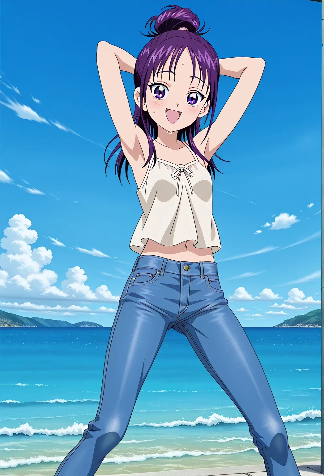score_9, score_8_up, score_7_up, source_anime, highres, hi res, ((best quality, top quality, perfect quality, Highest Quality, amazing quality)), {{masterpiece}}, {{an extremely delicate and beautiful}}, 2d, intricate details, official style, anime, 8k, anime style, official_anime, official art, digital painting, cell shading, soft shading, high resolution, soothing tones, Subdued Color, Soft cinematic light, adobe lightroom, photolab, HDR, intricately and hyper-detailed, ((high quality animation)), 1 girl, Alone, solo, ((ocean)), tsunami, on the water, day, sunny, outdoors, sky, windy, Mai, purple_eyes, purple hair, long_hair, hair bun, anime screencap, small breasts, light beige camisole top, crop top, light beige crop top, best quality, hyper-detailed jeans, ((purple blue jeans:1.9)), (dark blue jeans:0.6), full medium body, medium shot, Open mouth, smiling, happy face, blush, sweat, standing, ((arms behind head:6.0)), bowlegged, jumping pose, action, looking at viewer, spread legs, Bend knees slightly, straight-on front view