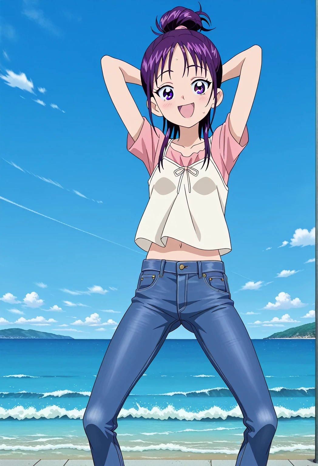 score_9, score_8_up, score_7_up, source_anime, highres, hi res, ((best quality, top quality, perfect quality, Highest Quality, amazing quality)), {{masterpiece}}, {{an extremely delicate and beautiful}}, 2d, intricate details, official style, anime, 8k, anime style, official_anime, official art, digital painting, cell shading, soft shading, high resolution, soothing tones, Subdued Color, Soft cinematic light, adobe lightroom, photolab, HDR, intricately and hyper-detailed, ((high quality animation)), 1 girl, Alone, solo, ((ocean)), tsunami, on the water, day, sunny, outdoors, sky, windy, Mai, purple_eyes, purple hair, long_hair, hair bun, anime screencap, small breasts, light beige camisole top, crop top, pink t-shirt top, best quality, hyper-detailed jeans, ((purple blue jeans:1.9)), (dark blue jeans:0.6), full medium body, medium shot, Open mouth, smiling, happy face, blush, sweat, standing, ((arms behind head:6.0)), bowlegged, jumping pose, action, looking at viewer, spread legs, Bend knees slightly, straight-on front view