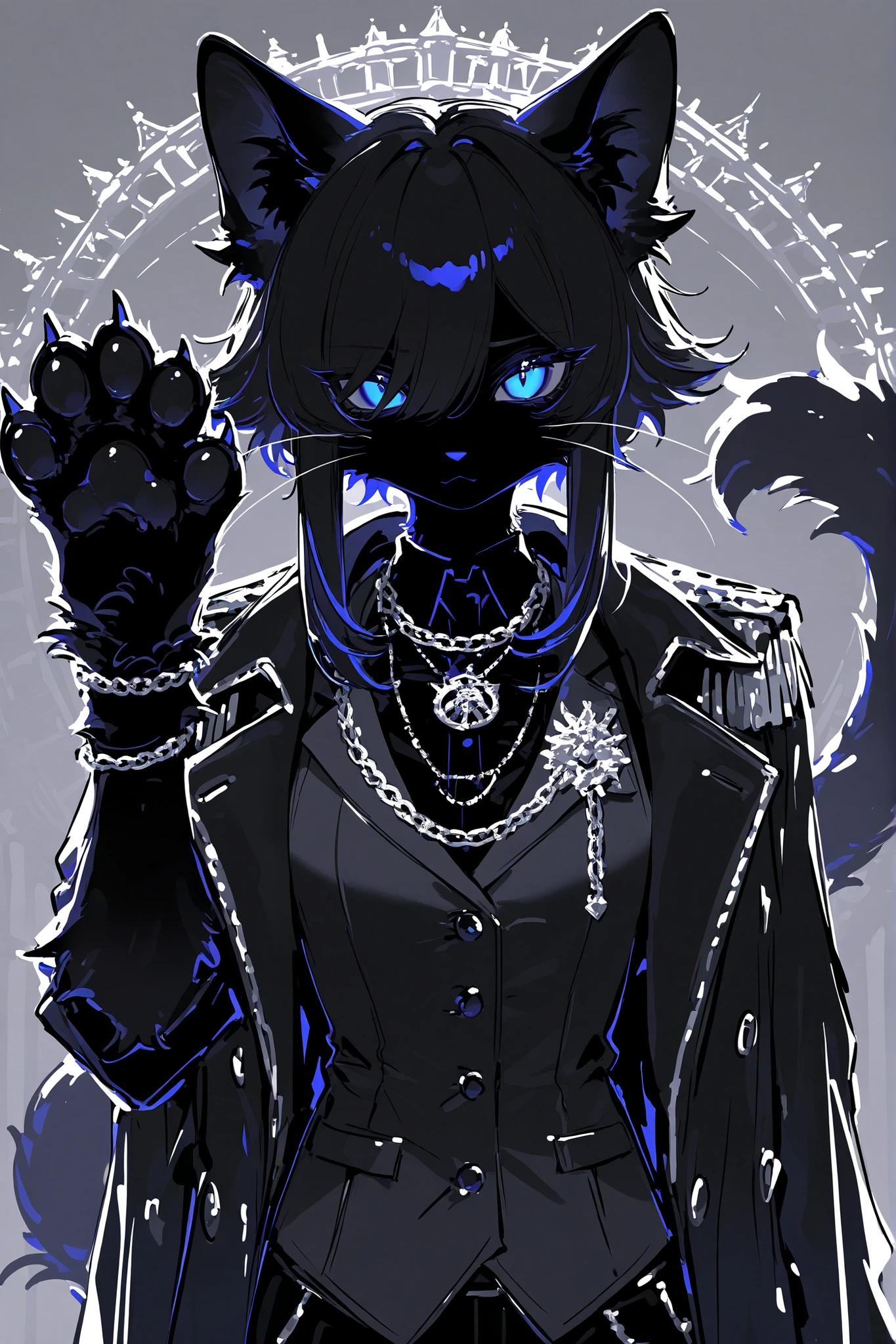 (ma1ma1helmes_b_illu,sketch,Feline paws,) Male character black furry-cat, a feline beastman. The tall mighty middle aged man broad-shouldered with masculine features. He has black fluffy skin. He has long straight black feline ears, and a long smooth black feline tail. He has long whiskers. He has narrow dark blue eyes. He has short black hair with a Curtain haircut. He is dressed in male three-piece black suit: jacket,vest, black shirt, and men's tie. He has a black corduroy Trench coat over his shoulders. He wearing a black brogues. He wears black gloves on his clawed feline paws with pads. He has a thin silver chain necklace. (In the background: Night in deserted streets in United Kingdom , England.Tower Bridge.)