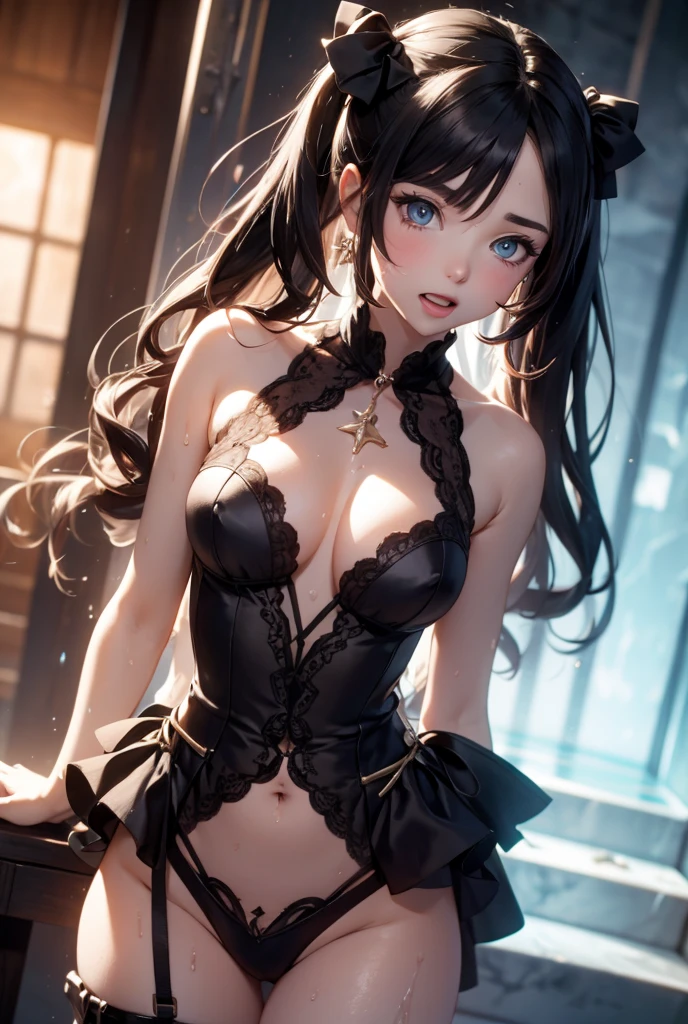 a beatiful teen, gothic, showing your body, showing your charm, perfect body, small waist. Wearing short clothes, dynamic pose. Small girl, , delicade girl, cute girl. Ultra resolution, baby face, cute face, , large tongue, showing tongue, baby face, perfect eyes, perfect , perfect hand, perfect body. 8k ultra hd, ultra definition, photorealistic digital art, high quality illumination, high definition textures. Cinematic ambience, fantasy background,  pose, 