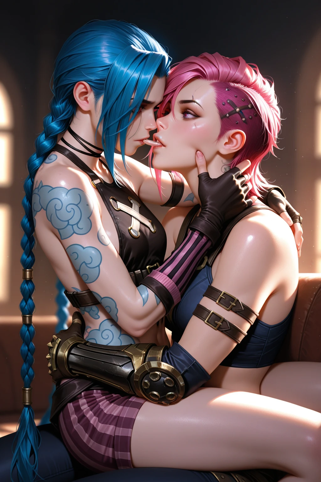 ???? ????? jinxlol, passionately engaged in the intimate act of ???????????????????. The atmosphere is filled with an intense sense of desire and lust. The scene is depicted from an exciting point of view, with an upward angle that captures all the provocative details. The lighting is dim, creating a seductive ambiance. Jinxlol's captivating eyes lock passionately with her partner's, conveying the depth of their connection. The composition is skillfully crafted, highlighting the curves and contours of their bodies. Every inch of their skin is meticulously detailed, with a photorealistic quality that enhances the sensuality of the image. The colors are rich and vibrant, adding to the overall allure. The passion is palpable as Jinxlol's partner firmly grabs her waist, intensifying the intimacy. It's a scene that exudes raw desire and pleasure, inviting the viewer to partake in the intensity of the moment.