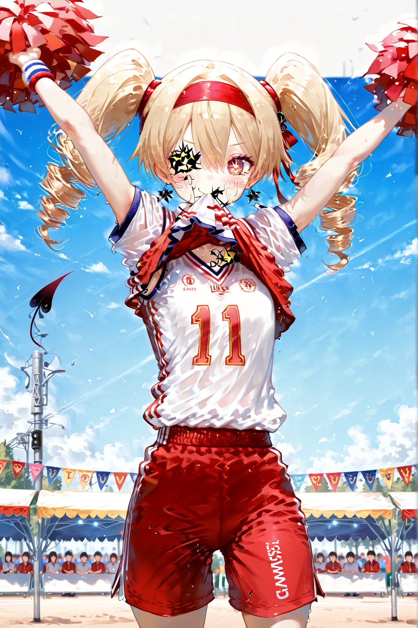 (masterpiece, detailed:1.2), ultra detailed, anime illustration, dynamic action scene, highest quality, Ultra High Quality, 64k, Beautiful and delicate mesugaki, detailed anime illustration, mischievous  girl, blonde drill twin-tails, acting like a "mesugaki" 
wearing a red headband, cheering at a school sports festival, holding a pom pom, 
small devilish smile with smug expression (slightly narrowed jito eyes, one side of mouth lifted), 
BREAK. background shows a schoolyard sports festival with flags and a few audience seats, shallow depth of field, beautiful lighting, passion atmosphere, bright daylight, playful and cheeky atmosphere, (detailed lighting), rim lighting, sharp focus, dramatic shading, emotional atmosphere,