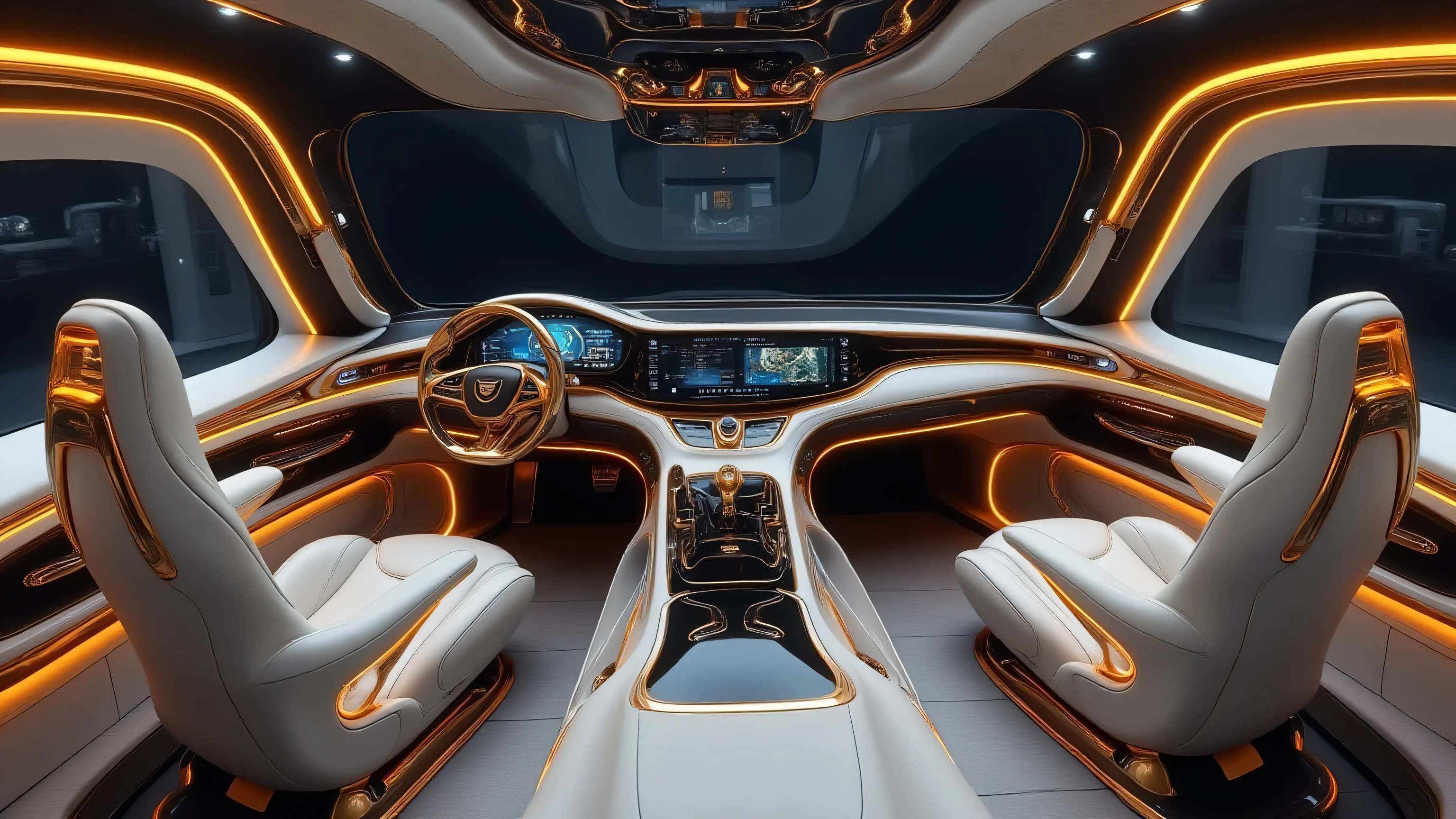 DE_style,The cockpit of the Cadillac motorhome is a compact yet technologically advanced command center, embodying both automotive precision and futuristic RV innovation. At the forefront are two sculpted driver and passenger seats, upholstered in white premium leather with gold trim and subtle black stitching, their ergonomic design offering both comfort and sophistication. The seats face a sleek dashboard finished in glossy black with gold-edged accents, creating a bold visual contrast that reflects Cadillac’s signature luxury styling.

Across the dashboard, digital futuristic controls and touch-sensitive panels glow in soft amber-gold tones, their illumination harmonizing with the warm LED ambient lighting embedded into the console edges. The instrument cluster and navigation displays are seamlessly integrated into the glossy surfaces, giving the cockpit a clean, minimalist, and high-tech appearance.

Dominating the front are large tinted showroom-facing windows, their darkened glass filtering in subtle reflections of the exhibition walls outside. Compact golden trim lines frame the edges of the windshield and side windows, enhancing the premium atmosphere while keeping the design cohesive with the rest of the motorhome’s interiors. Despite its space-efficient layout, the cockpit achieves a balance between luxury, futuristic design, and Cadillac’s automotive heritage, transforming the driving experience into a showcase of on-the-road prestige and innovation.