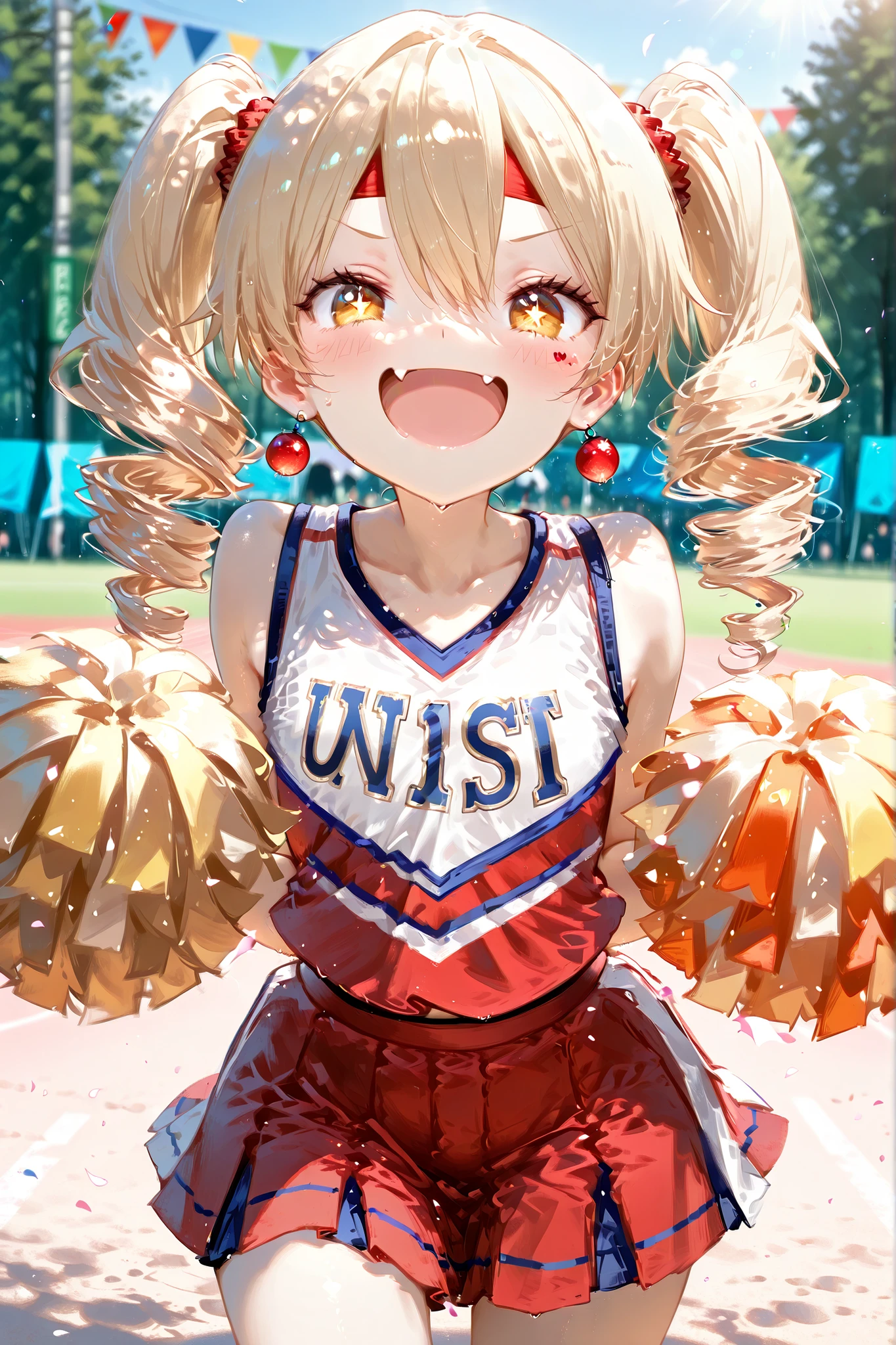 (masterpiece, detailed:1.2), ultra detailed, anime illustration, dynamic action scene, highest quality, Ultra High Quality, 64k, Beautiful and delicate mesugaki, detailed anime illustration, mischievous  girl, blonde drill twin-tails, acting like a "mesugaki" 
wearing a red headband, cheering at a school sports festival, holding a pom pom, 
small devilish smile with smug expression (slightly narrowed jito eyes, one side of mouth lifted), 
BREAK. background shows a schoolyard sports festival with flags and a few audience seats, shallow depth of field, beautiful lighting, passion atmosphere, bright daylight, playful and cheeky atmosphere, (detailed lighting), rim lighting, sharp focus, dramatic shading, emotional atmosphere,