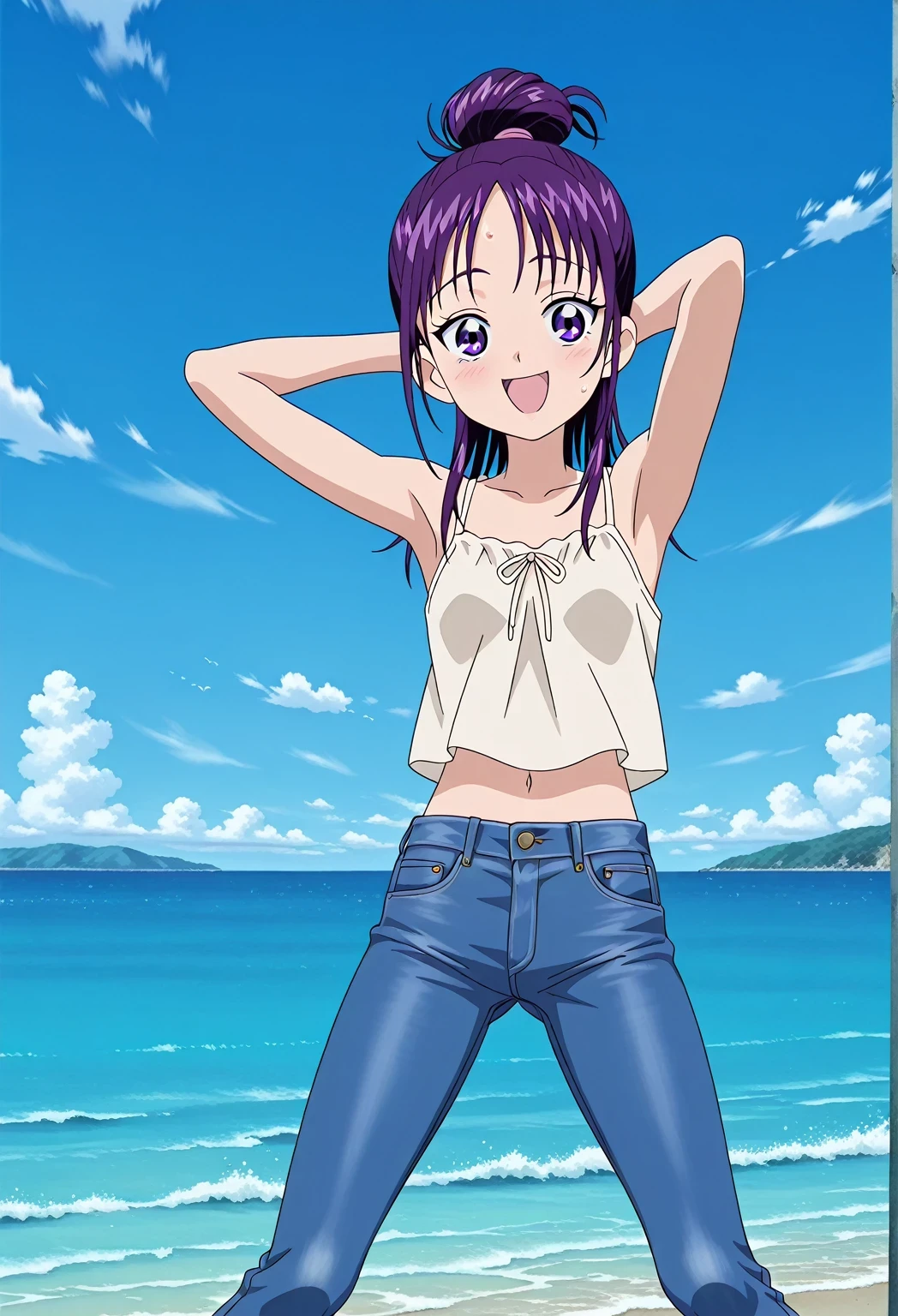 score_9, score_8_up, score_7_up, source_anime, highres, hi res, ((best quality, top quality, perfect quality, Highest Quality, amazing quality)), {{masterpiece}}, {{an extremely delicate and beautiful}}, 2d, intricate details, official style, anime, 8k, anime style, official_anime, official art, digital painting, cell shading, soft shading, high resolution, soothing tones, Subdued Color, Soft cinematic light, adobe lightroom, photolab, HDR, intricately and hyper-detailed, ((high quality animation)), 1 girl, Alone, solo, ((ocean)), tsunami, on the water, day, sunny, outdoors, sky, windy, Mai, purple_eyes, purple hair, long_hair, hair bun, anime screencap, small breasts, light beige camisole top, crop top, light beige crop top, best quality, hyper-detailed jeans, ((purple blue jeans:1.9)), (dark blue jeans:0.6), full medium body, medium shot, Open mouth, smiling, happy face, blush, sweat, standing, ((arms behind head:6.0)), bowlegged, jumping pose, action, looking at viewer, spread legs, Bend knees slightly, straight-on front view