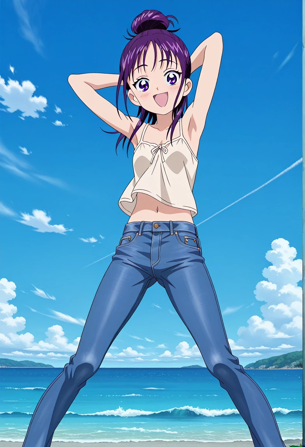 score_9, score_8_up, score_7_up, source_anime, highres, hi res, ((best quality, top quality, perfect quality, Highest Quality, amazing quality)), {{masterpiece}}, {{an extremely delicate and beautiful}}, 2d, intricate details, official style, anime, 8k, anime style, official_anime, official art, digital painting, cell shading, soft shading, high resolution, soothing tones, Subdued Color, Soft cinematic light, adobe lightroom, photolab, HDR, intricately and hyper-detailed, ((high quality animation)), 1 girl, Alone, solo, ((ocean)), tsunami, on the water, day, sunny, outdoors, sky, windy, Mai, purple_eyes, purple hair, long_hair, hair bun, anime screencap, small breasts, light beige camisole top, crop top, light beige crop top, best quality, hyper-detailed jeans, ((purple blue jeans:1.9)), (dark blue jeans:0.6), full medium body, medium shot, Open mouth, smiling, happy face, blush, sweat, standing, ((arms behind head:6.0)), bowlegged, jumping pose, action, looking at viewer, spread legs, Bend knees slightly, straight-on front view