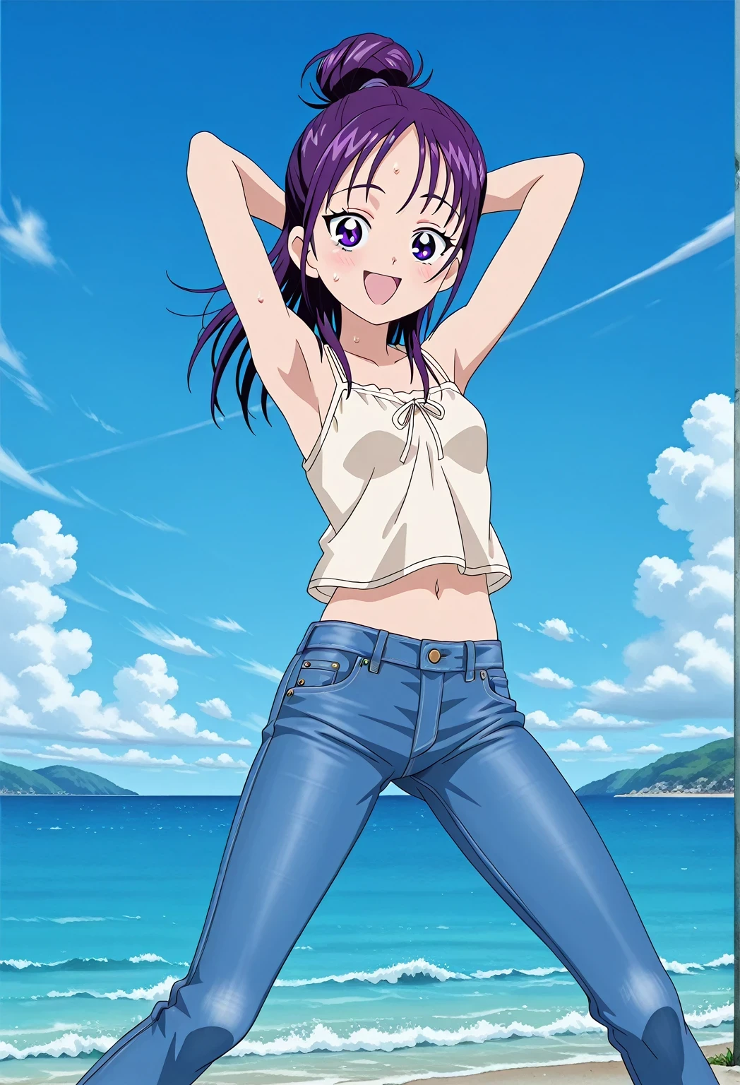 score_9, score_8_up, score_7_up, source_anime, highres, hi res, ((best quality, top quality, perfect quality, Highest Quality, amazing quality)), {{masterpiece}}, {{an extremely delicate and beautiful}}, 2d, intricate details, official style, anime, 8k, anime style, official_anime, official art, digital painting, cell shading, soft shading, high resolution, soothing tones, Subdued Color, Soft cinematic light, adobe lightroom, photolab, HDR, intricately and hyper-detailed, ((high quality animation)), 1 girl, Alone, solo, ((ocean)), tsunami, on the water, day, sunny, outdoors, sky, windy, Mai, purple_eyes, purple hair, long_hair, hair bun, anime screencap, small breasts, light beige camisole top, crop top, light beige crop top, best quality, hyper-detailed jeans, ((purple blue jeans:1.9)), (dark blue jeans:0.6), full medium body, medium shot, Open mouth, smiling, happy face, blush, sweat, standing, ((arms behind head:6.0)), bowlegged, jumping pose, action, looking at viewer, spread legs, Bend knees slightly, straight-on front view