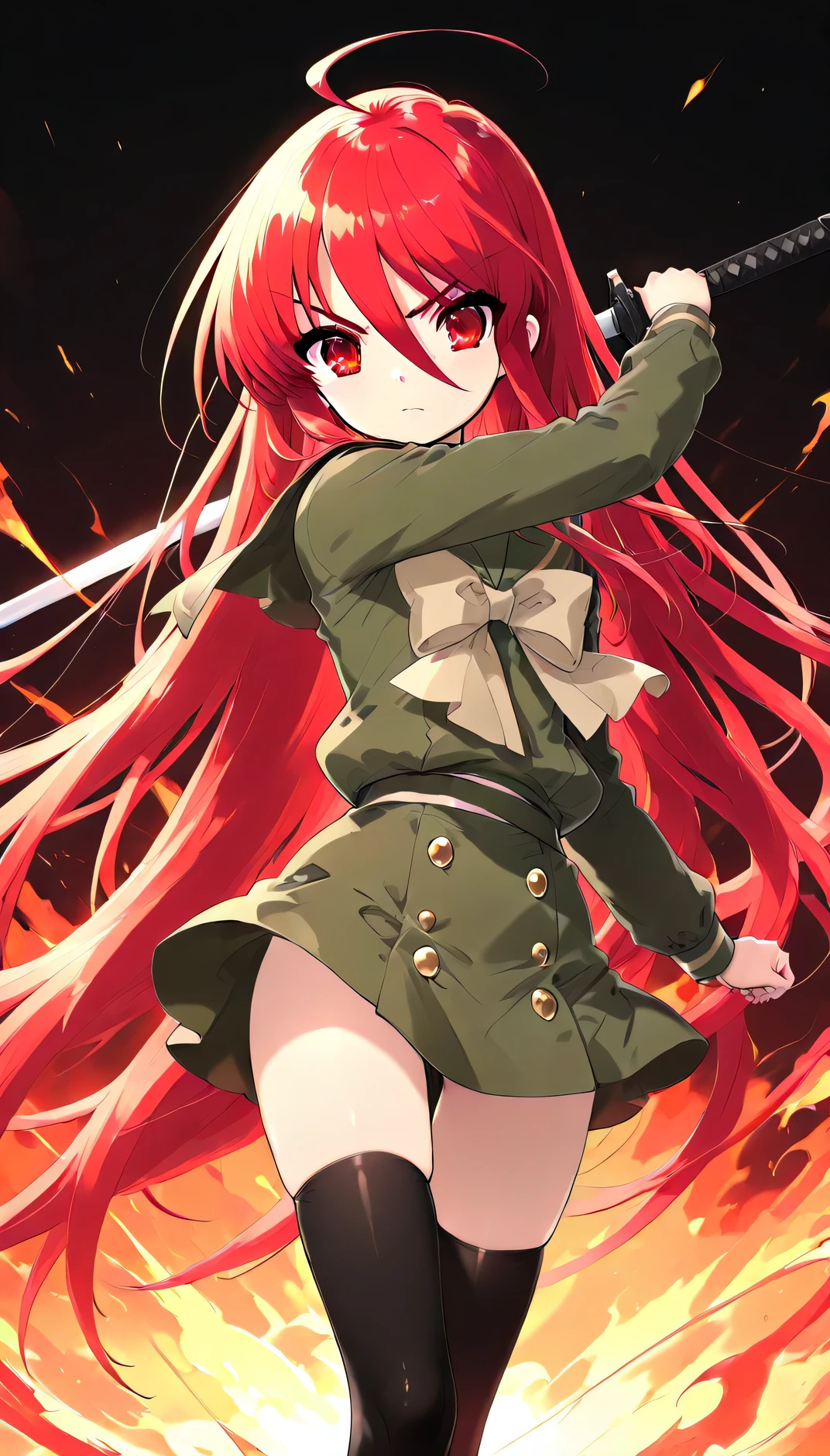 anime style, masterpiece, best quality, ultra detailed, high resolution, 8k, annoyed, 1 girl, shana, red eyes, red hair, very long hair, hair between eyes, (ahoge:1.1), school uniform, serafuku, green shirt, long sleeves, green skirt, thighhighs,,sword, dynamic pose to attack , flame stage