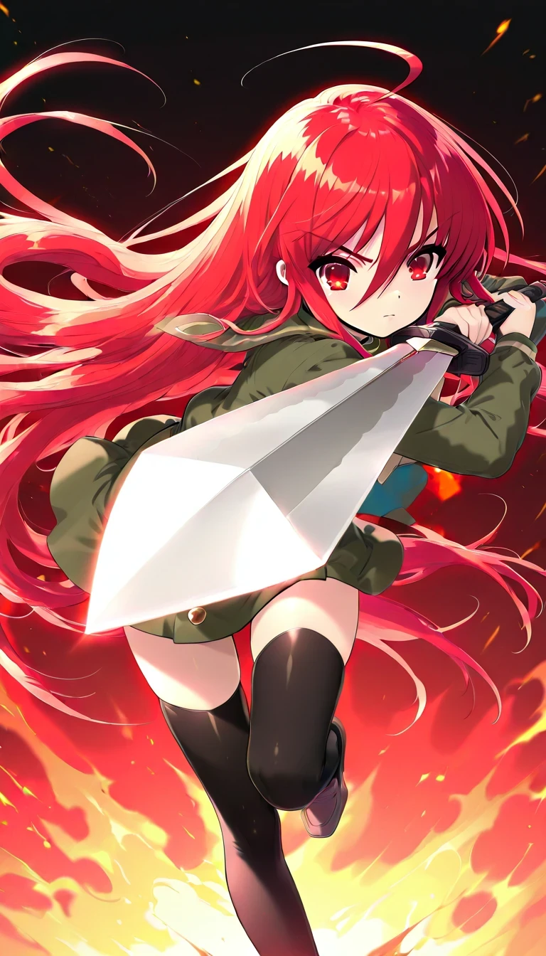 anime style, masterpiece, best quality, ultra detailed, high resolution, 8k, annoyed, 1 girl, shana, red eyes, red hair, very long hair, hair between eyes, (ahoge:1.1), school uniform, serafuku, green shirt, long sleeves, green skirt, thighhighs,,sword, dynamic pose to attack , flame stage , leaning forward