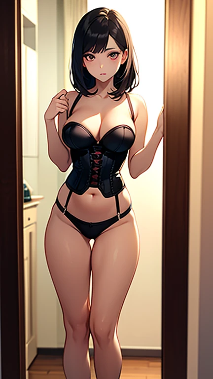 masterpiece, best quality, extremely detail 8k cg, high resolution, 1girl, mabui, dark skin, white hair, hair bun, green eyes eyes, slim waist, lace, undersized bra, , , cleavage, underboob, sideboob, bursting , highleg panties, thighhighs, high heels, indoors, standing, beautiful face, full body photo 