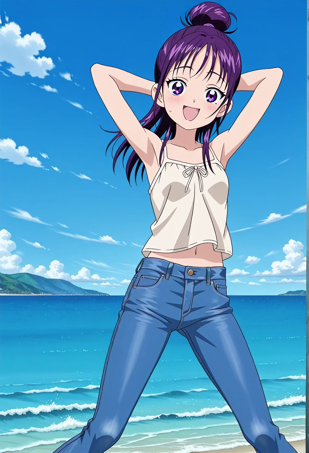 score_9, score_8_up, score_7_up, source_anime, highres, hi res, ((best quality, top quality, perfect quality, Highest Quality, amazing quality)), {{masterpiece}}, {{an extremely delicate and beautiful}}, 2d, intricate details, official style, anime, 8k, anime style, official_anime, official art, digital painting, cell shading, soft shading, high resolution, soothing tones, Subdued Color, Soft cinematic light, adobe lightroom, photolab, HDR, intricately and hyper-detailed, ((high quality animation)), 1 girl, Alone, solo, ((ocean)), tsunami, on the water, day, sunny, outdoors, sky, windy, Mai, purple_eyes, purple hair, long_hair, hair bun, anime screencap, small breasts, light beige camisole top, crop top, light beige crop top, best quality, hyper-detailed jeans, ((purple blue jeans:1.9)), (dark blue jeans:0.6), full medium body, medium shot, Open mouth, smiling, happy face, blush, sweat, standing, ((arms behind head:6.0)), bowlegged, jumping pose, action, looking at viewer, spread legs, Bend knees slightly, straight-on front view