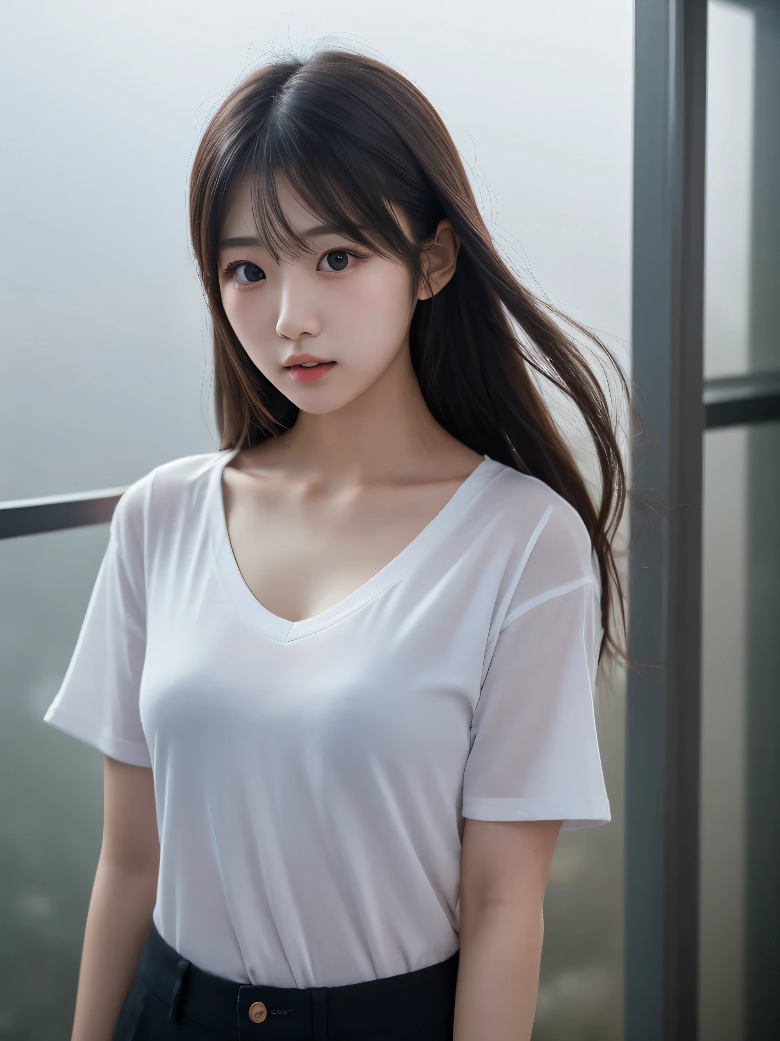 Asian, beautiful, thin, cute, 30th Generation, beautiful face, beautiful skin, actress, mature, Upper Body, Light brown hair, thin髪, Live Action, Tabletop, Highest quality, Highly detailed CG Unity 8K wallpaper, Ultra-high resolution, Casual Fashion, Lighting, Summer Fashion, (Natural brown hair: 0.8), (Puffy eyes), Looking at the audience, turn around, Bleached Hair, Model pose, White Background, Delicate skin types, thin巻き毛, Put your hands around your mouth, White T-shirt, Hair model photoshoot